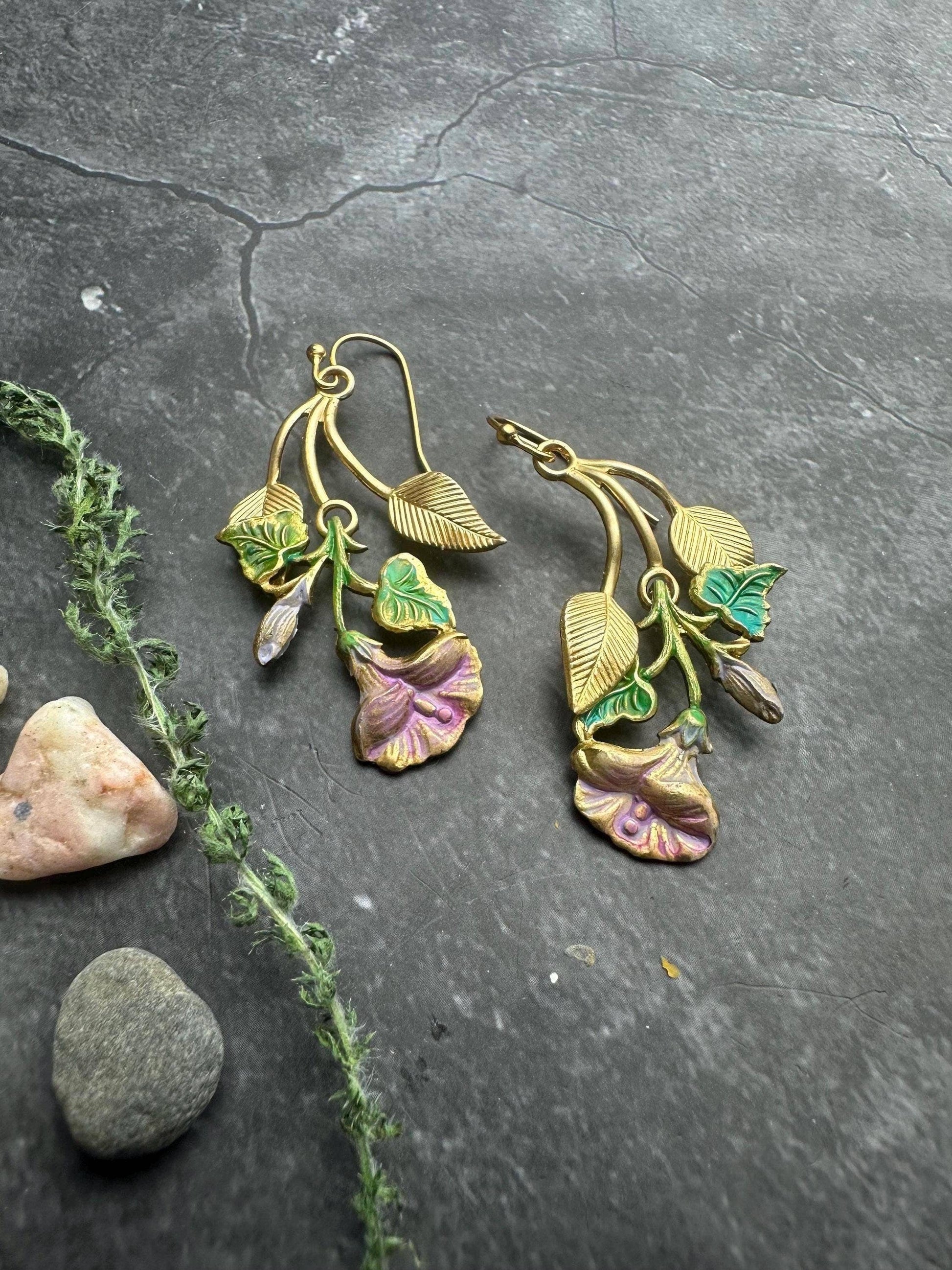Morning Glory Earrings, Floral Dangle, Brass , Botanical Sta