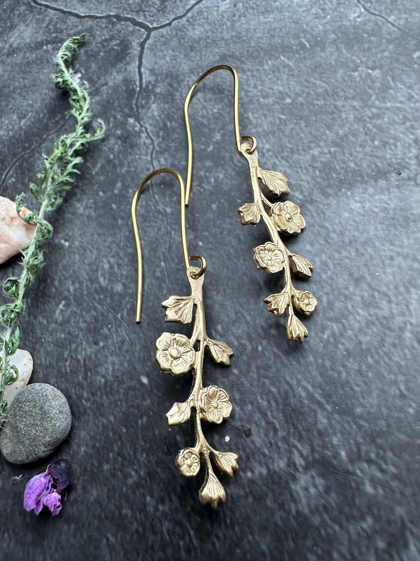 Wildflower Branch Earrings, Botanical Dangle, Brass , Nature