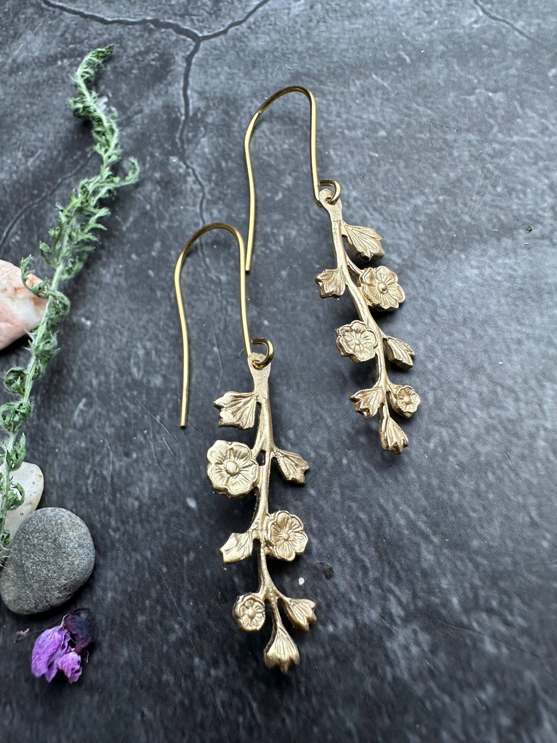 Wildflower Branch Earrings, Botanical Dangle, Brass , Nature