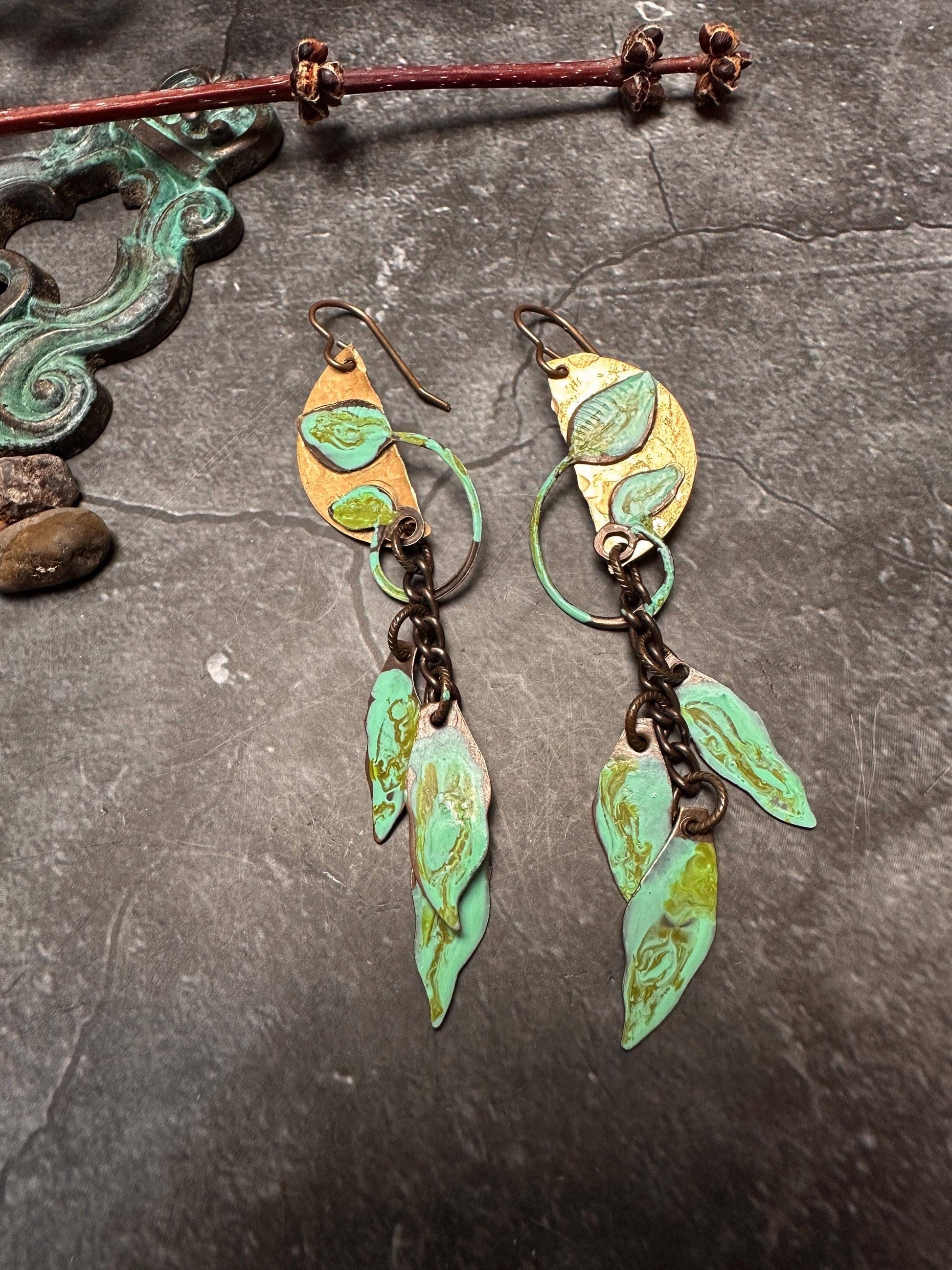 Falling Leaves - Solid Beaten Brass Hand Patina Earrings