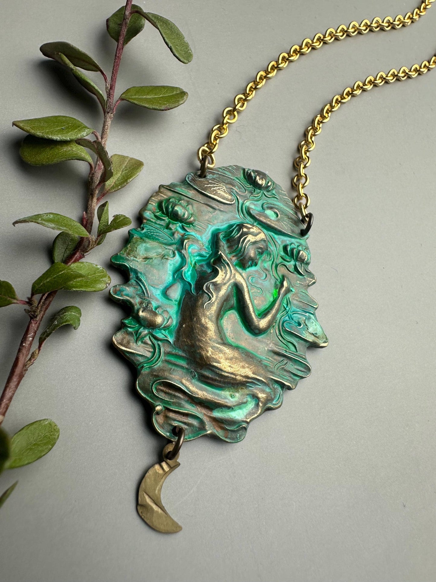 Art Nouveau Goddess Necklace - Verdigris Patina Pendant
