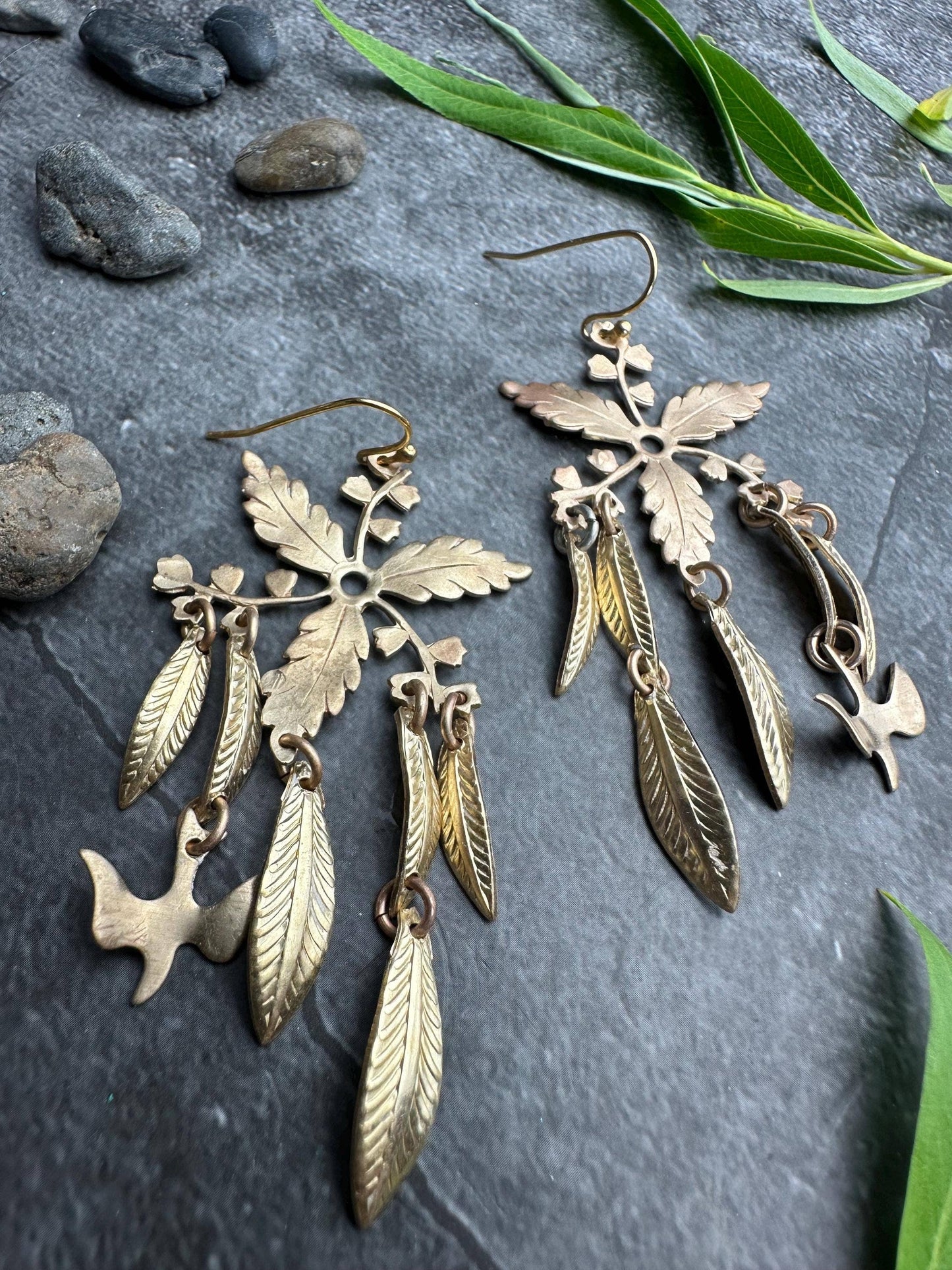 Botanical Leaf Earrings with Bird