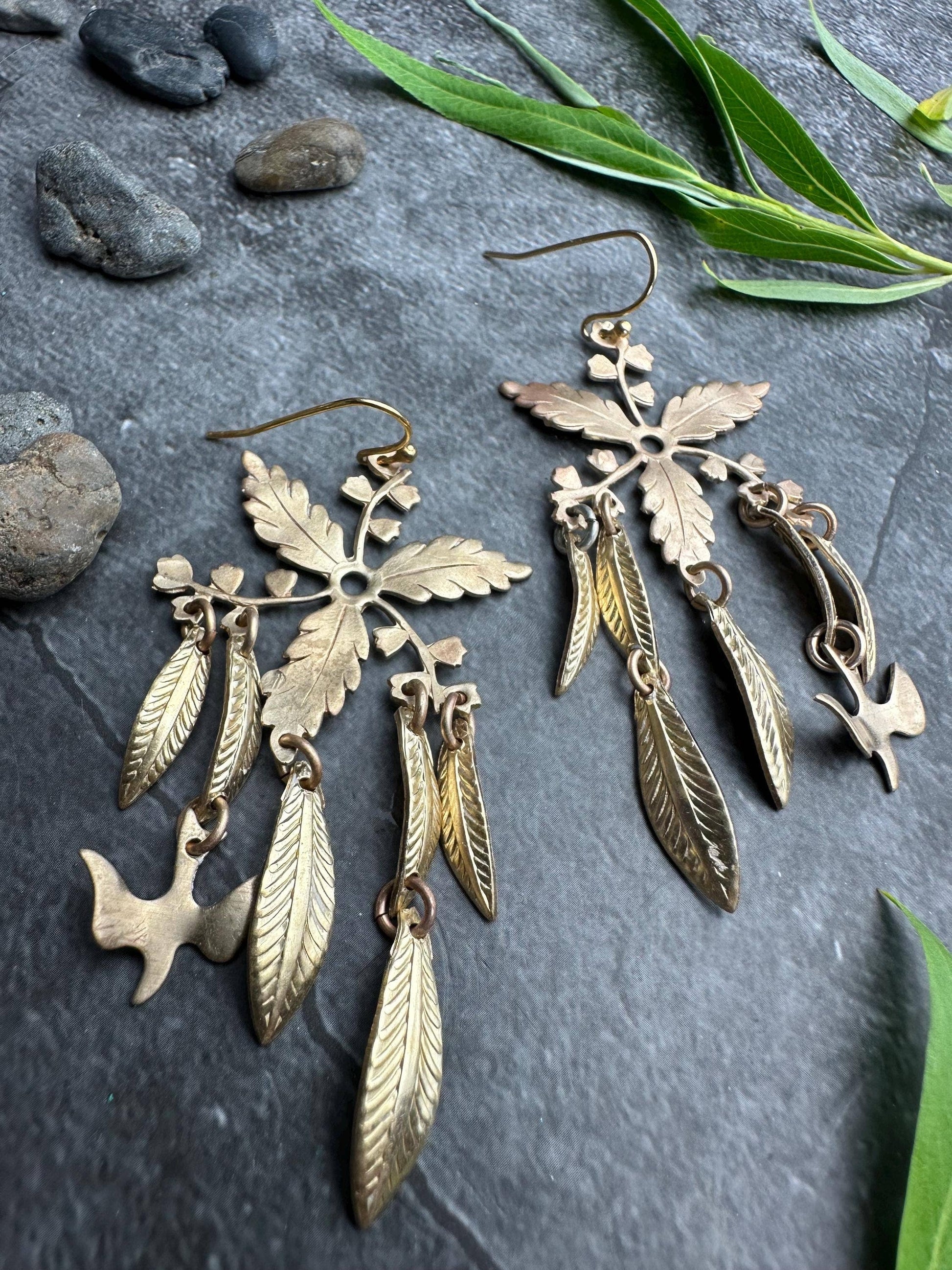 Botanical Leaf Earrings with Bird