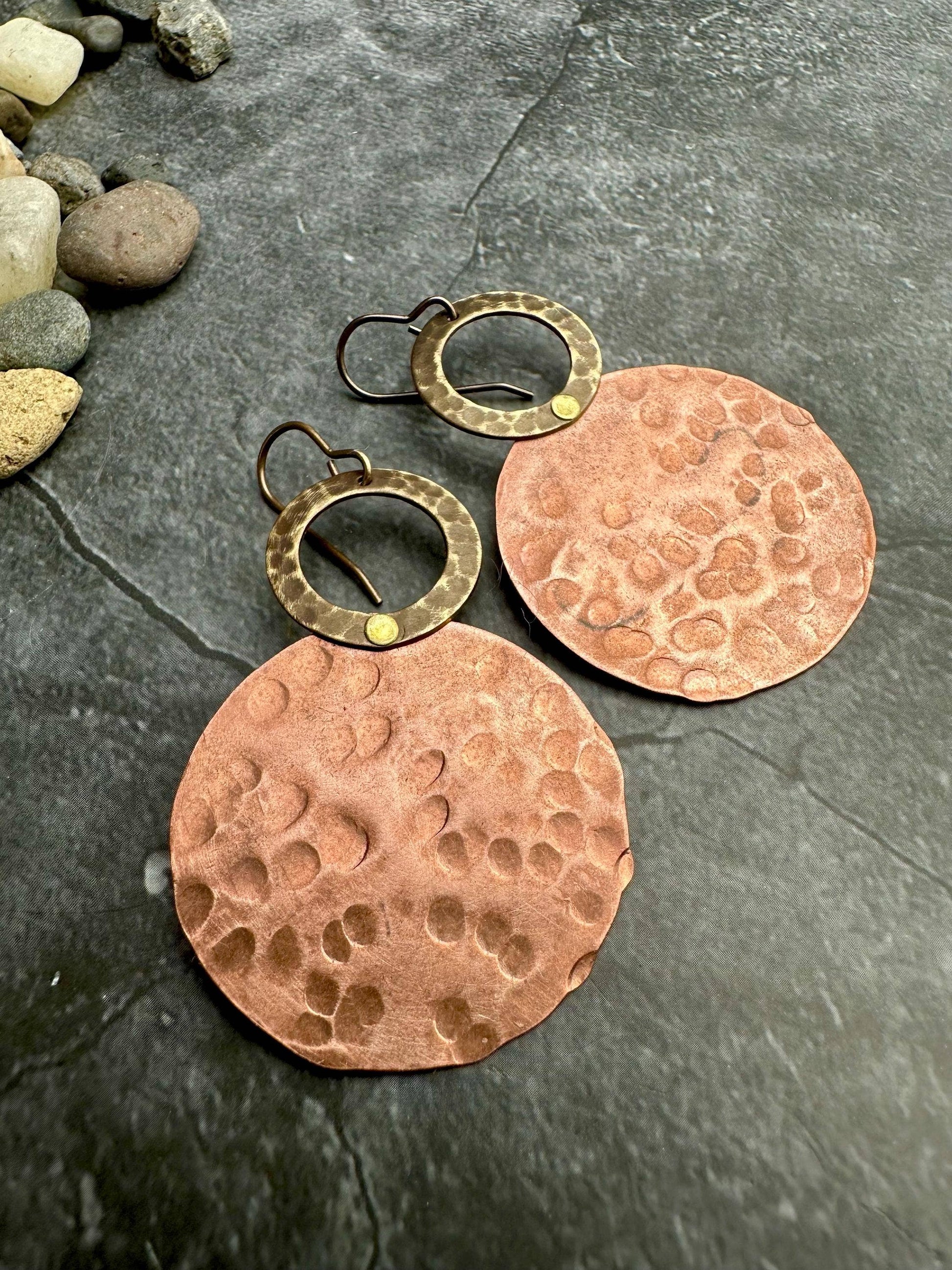 Dual Disc Earrings - Inspired Hammered Copper & Brass
