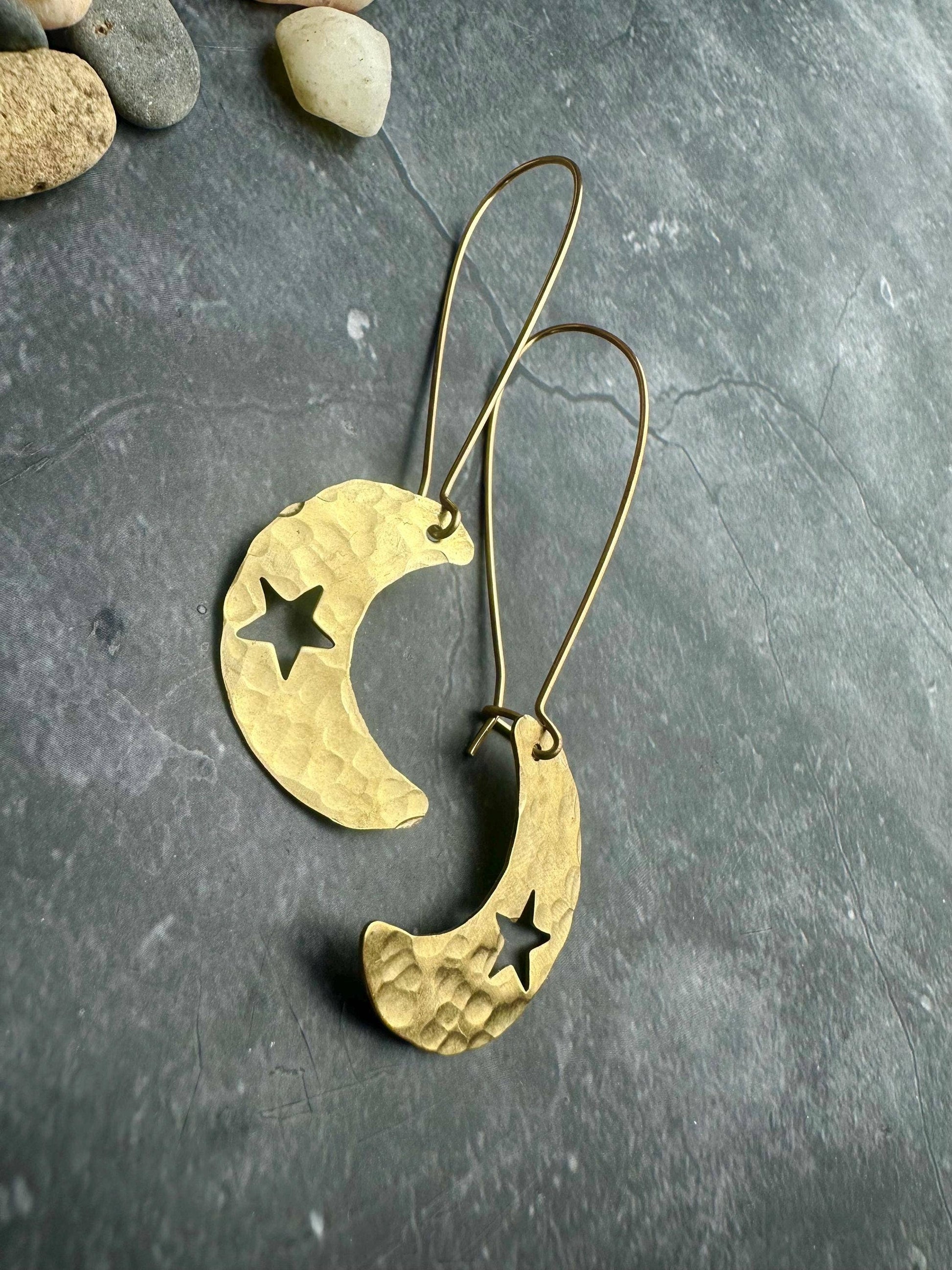 Handcrafted Celestial Crescent Moon Earrings - Beaten Brass