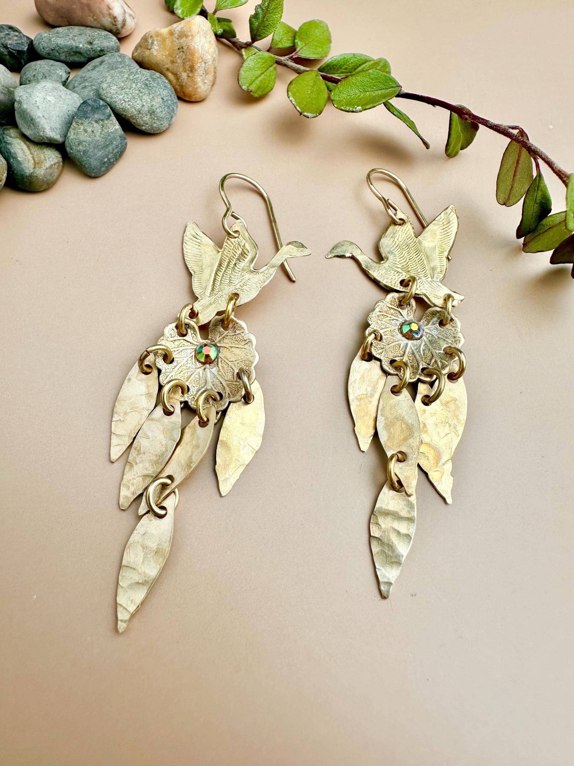 Willow Pond Bird Earrings - Leaf Dangle Brass