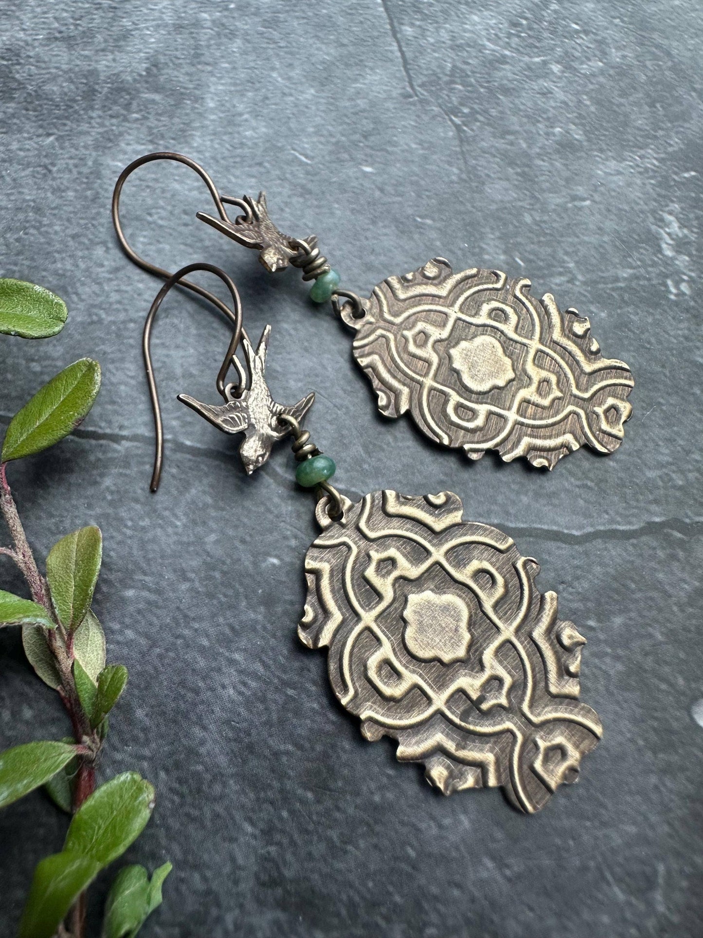Bird Earrings with Moss Agate