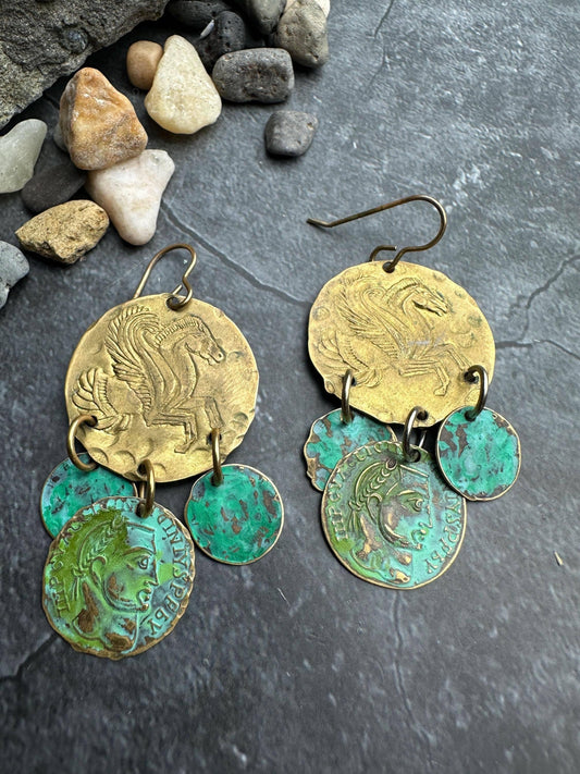 Coin Earrings- Handmade Solid Beaten Brass Green Hand Patina