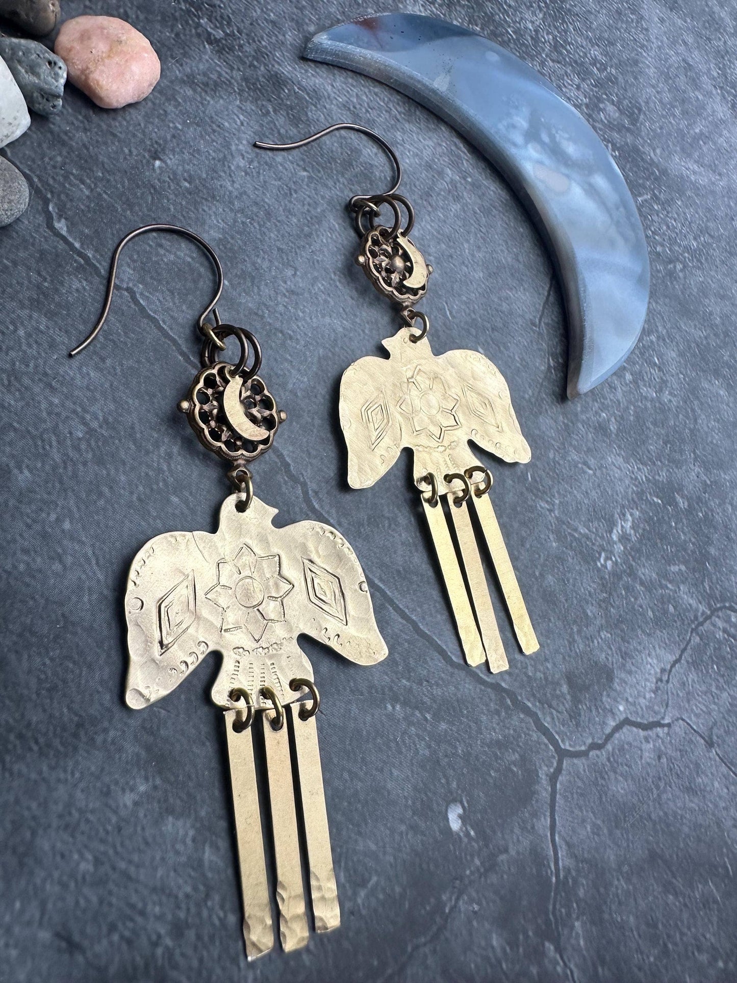Thunderbird Moon Earrings - Brass Bird Celestial Dangles