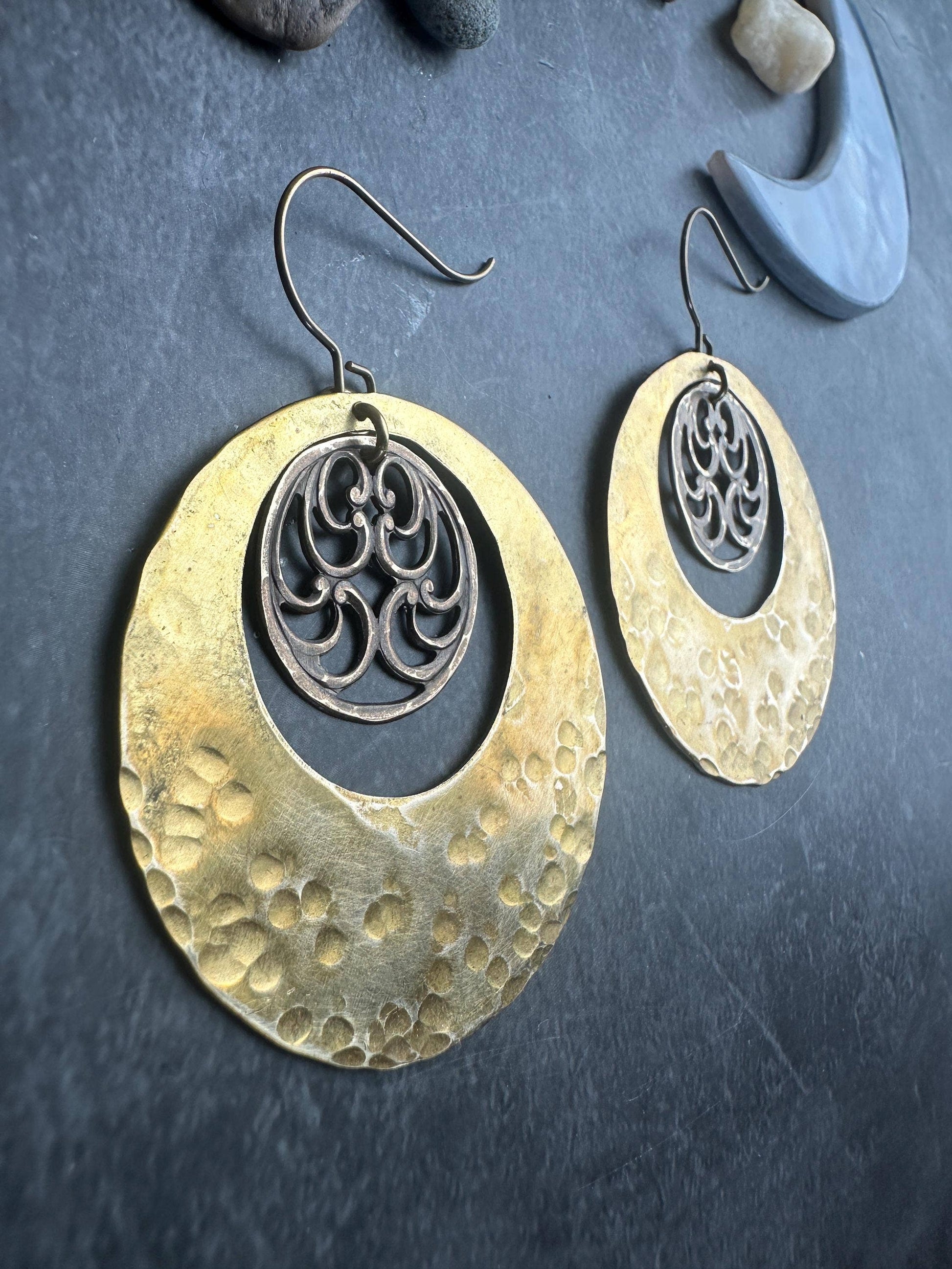 Large Geometric Hoop Earrings - Hand Hammered Solid Brass