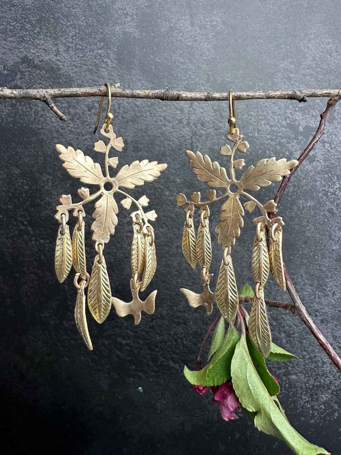 Botanical Leaf Earrings with Bird