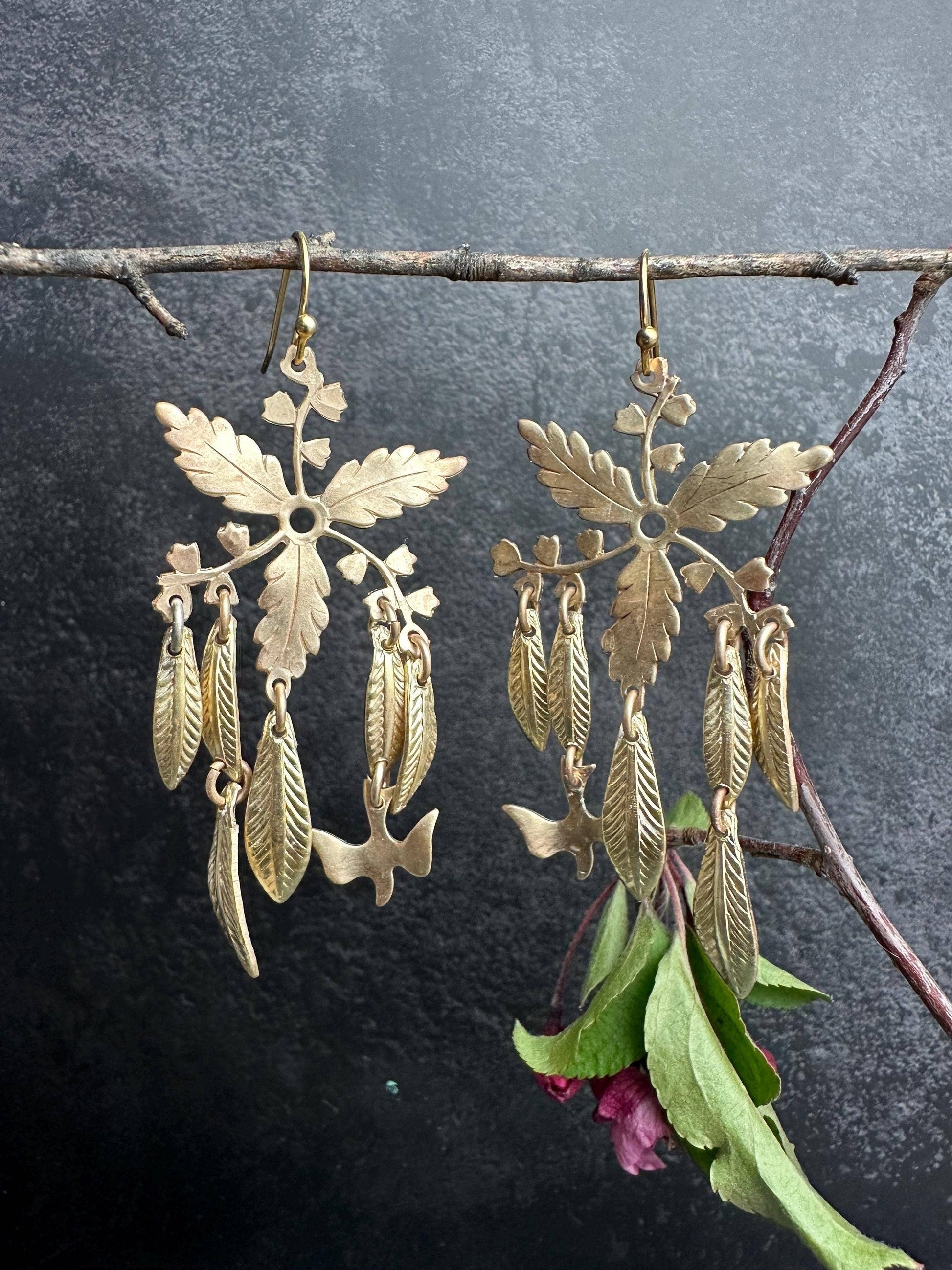 Botanical Leaf Earrings with Bird
