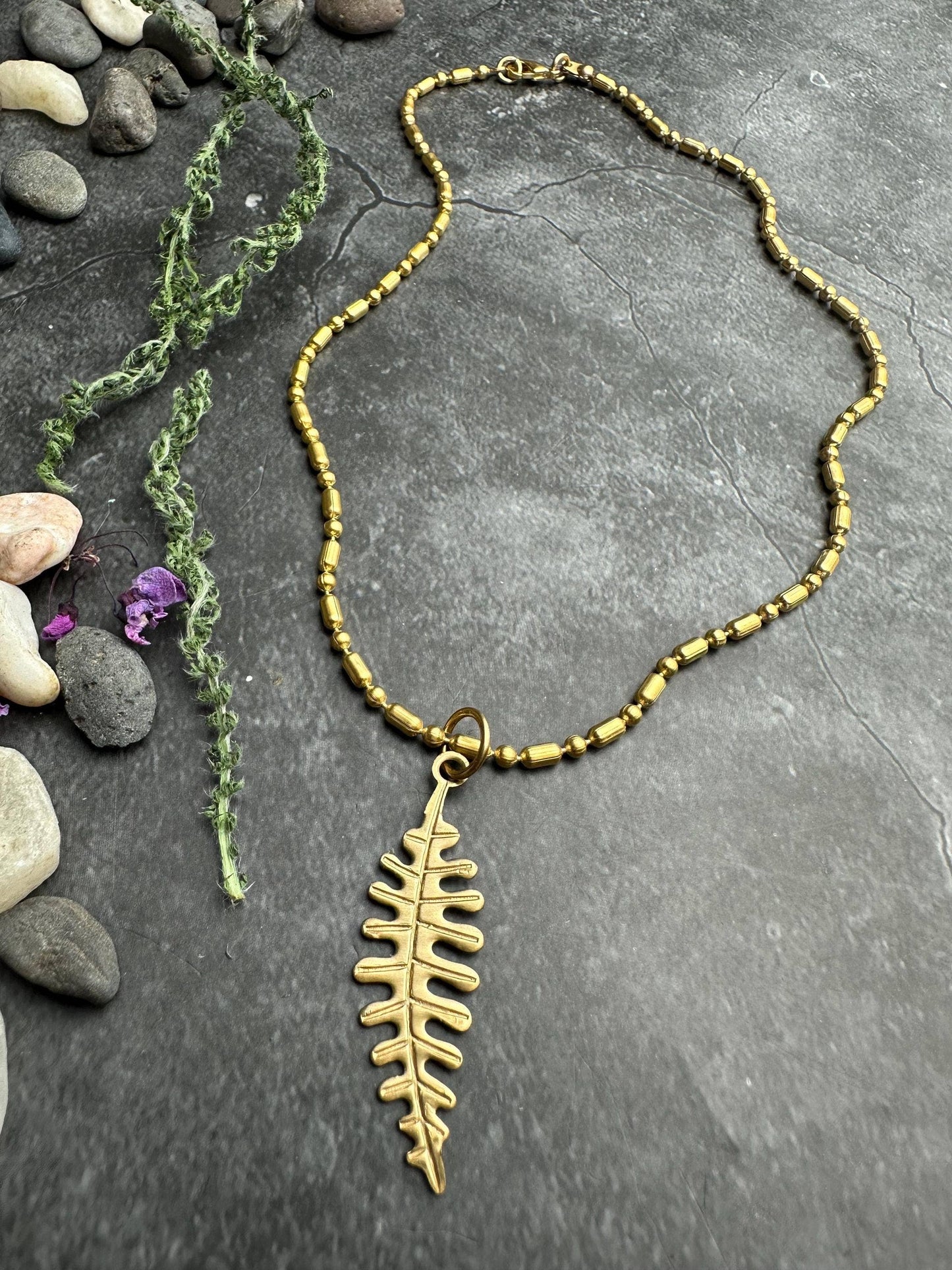Fern Leaf Necklace Brass Pendant, Botanical , Woodland Style
