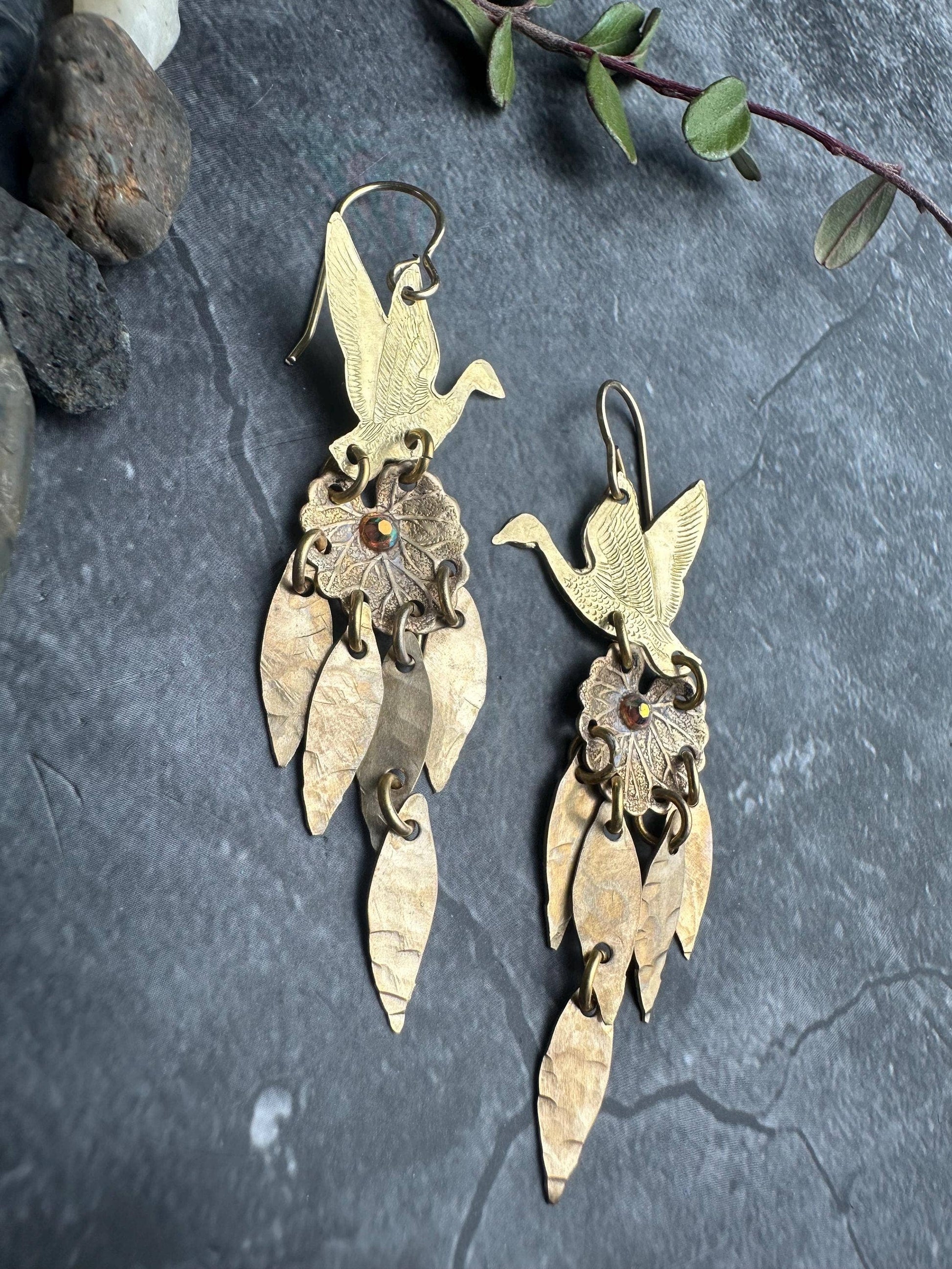Willow Pond Bird Earrings - Leaf Dangle Brass
