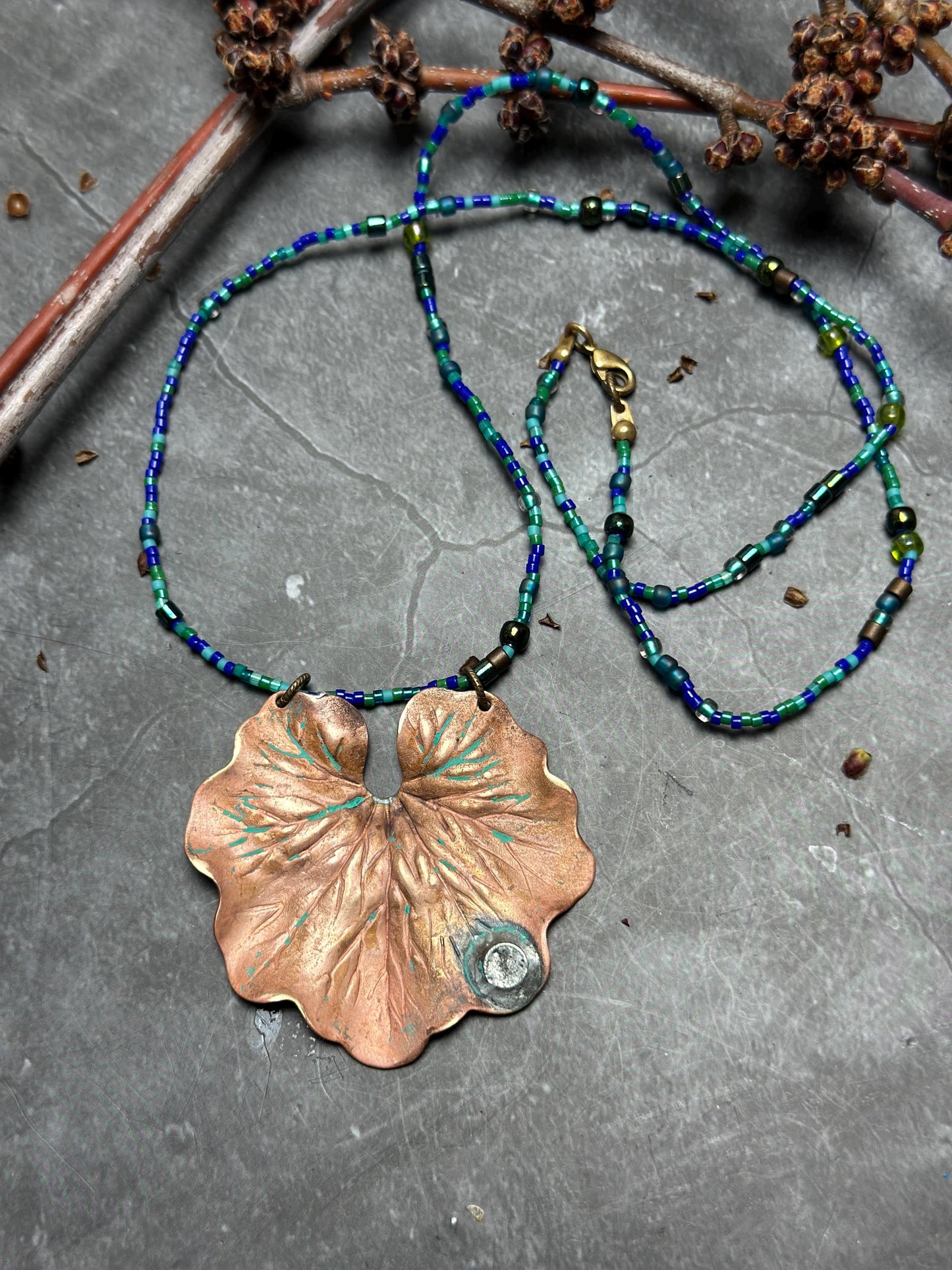 Waterlily Necklace - Handmade Beaded Soldered Brass Hand Patina Finish