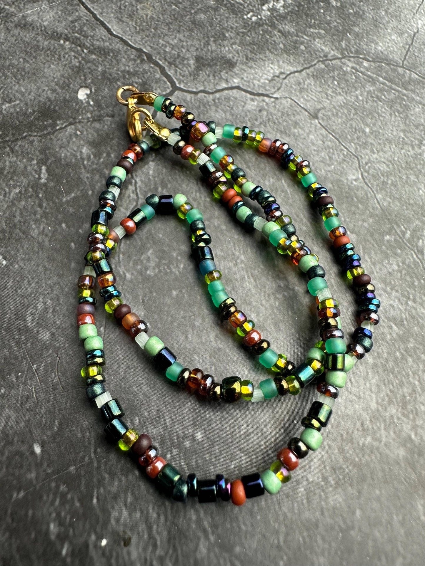 Seed Bead Necklace - Bronze Sage Green Iridescent Glass