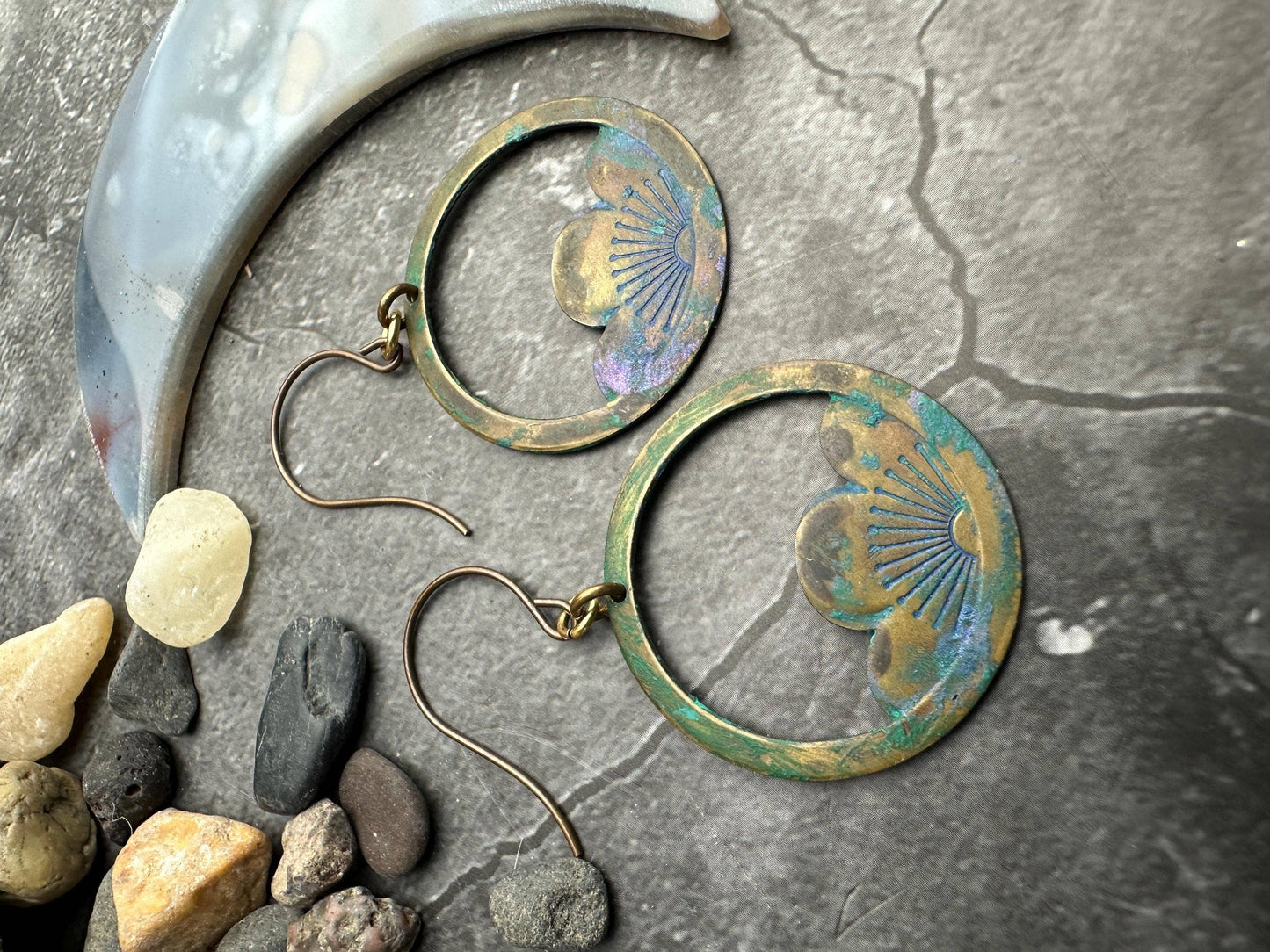 Flower Hoop Earrings- Handmade Solid Brass Hand Patina