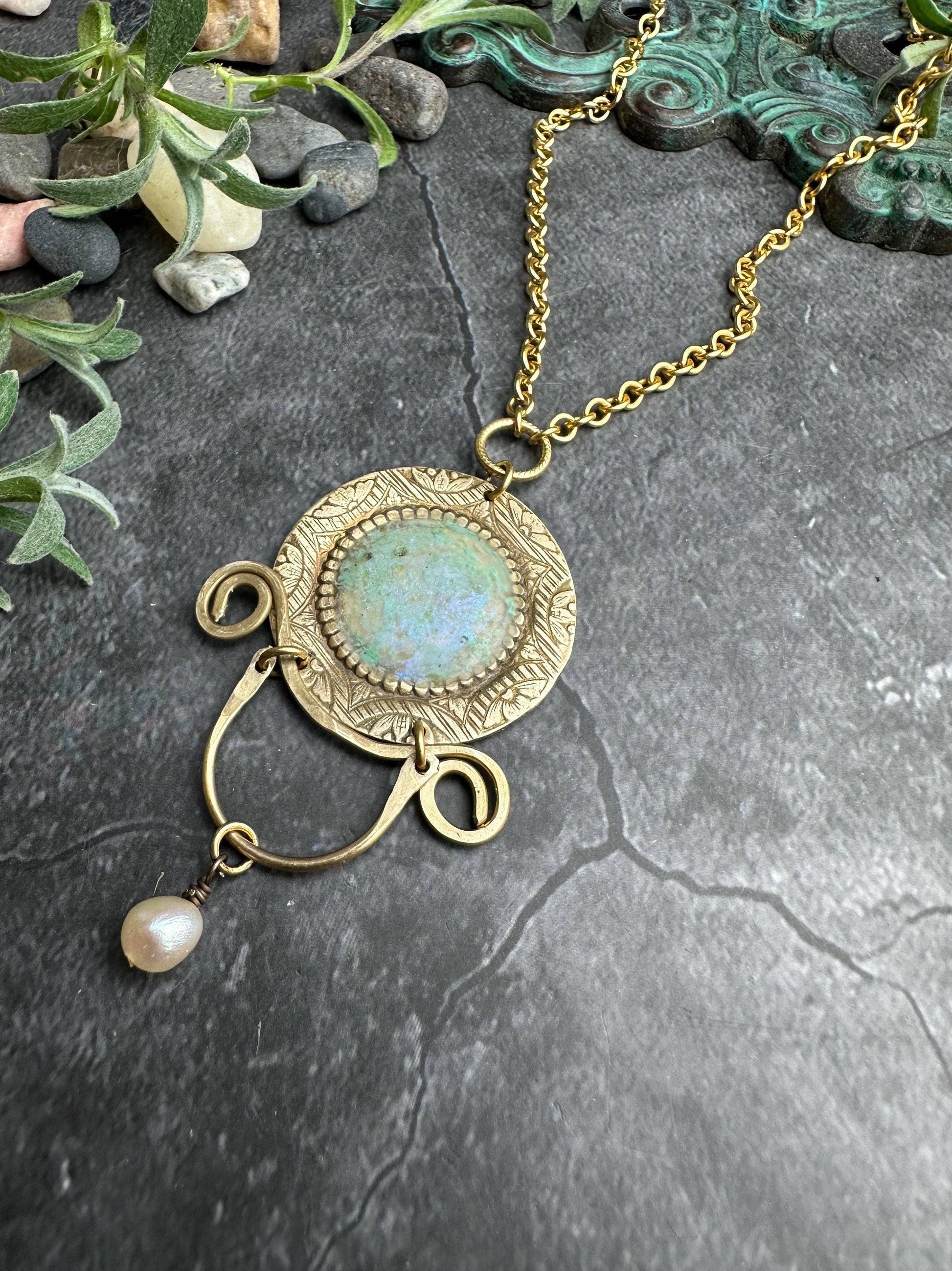 Ancient Inspired Brass Medallion Necklace with Pearl