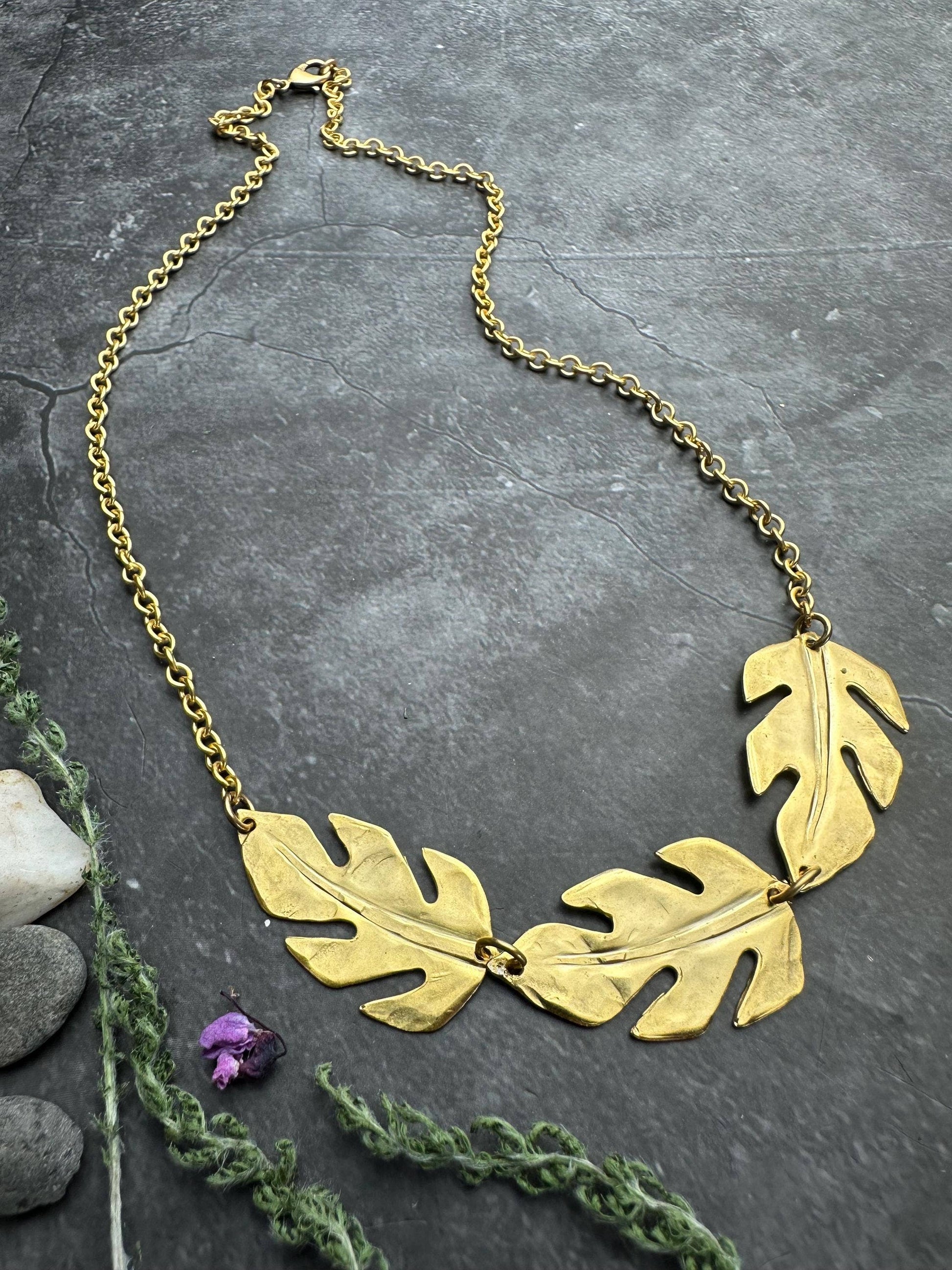 Monstera Leaf Necklace, Botanical Statement , Brass Nature C