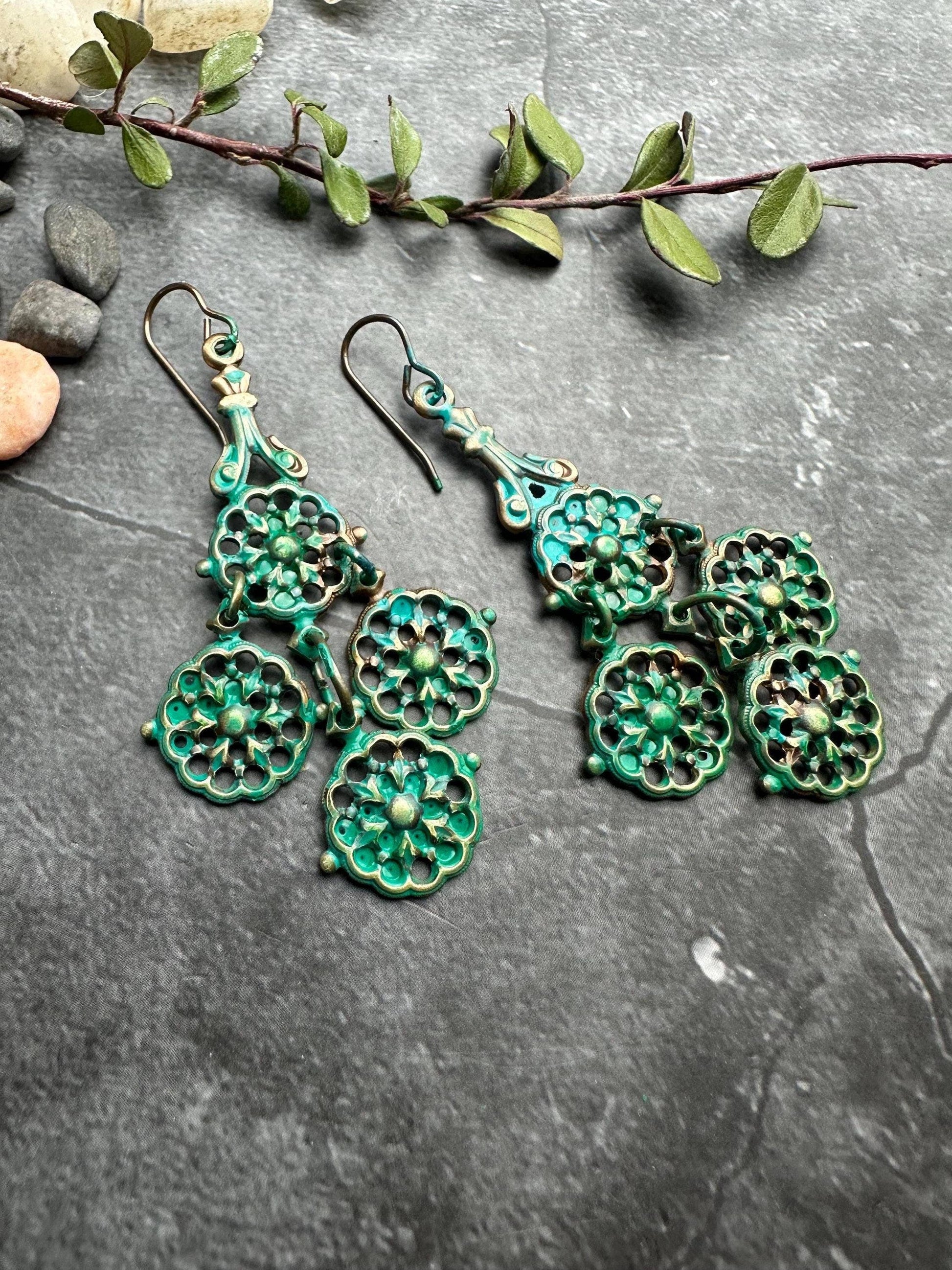Verdigris Filigree Chandelier Earrings