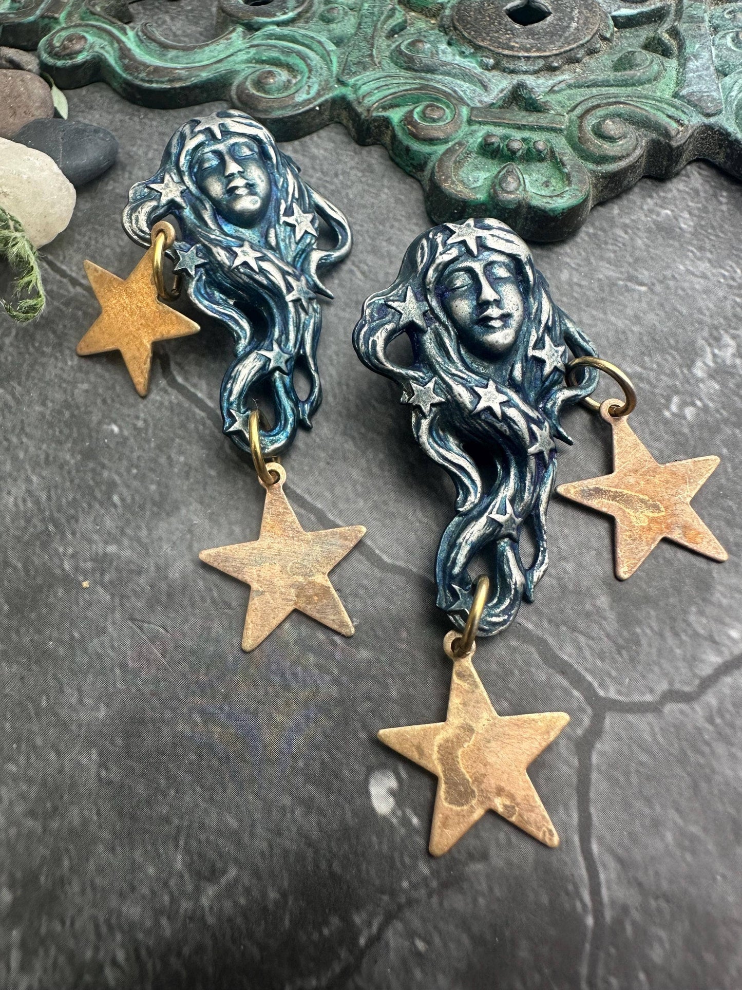 Star Maiden Earrings, Patina Face, Cosmic Goddess Statement