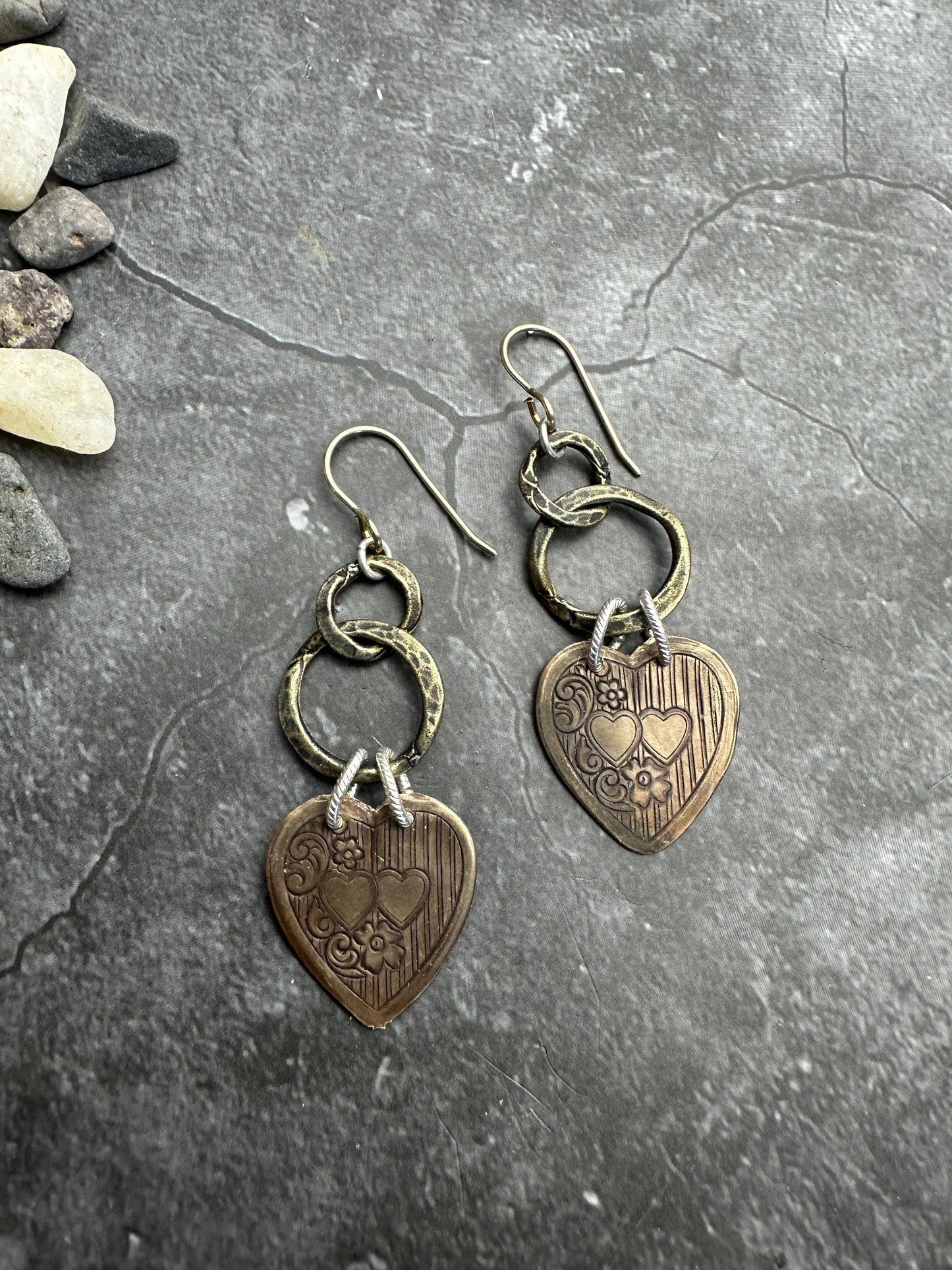 Chained Heart Mixed Metal steampunk Earrings
