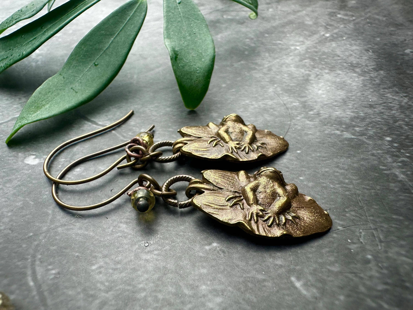 Frog Lily Pad Earrings Handmade Vintage Tooled Brass