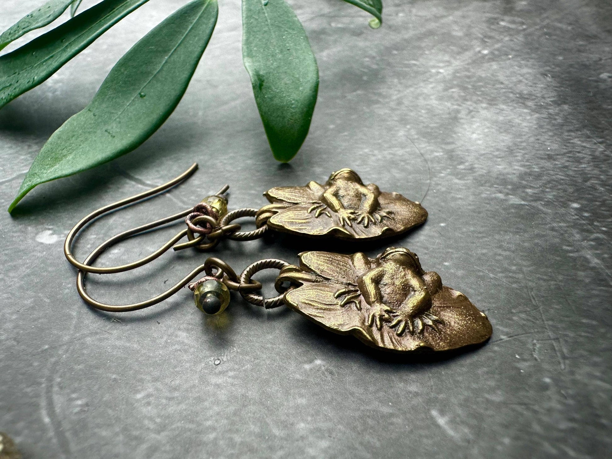 Frog Lily Pad Earrings Handmade Vintage Tooled Brass