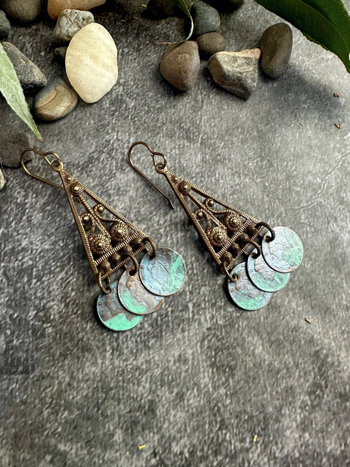 Sacred Triangle Coin Earrings - Patina Brass