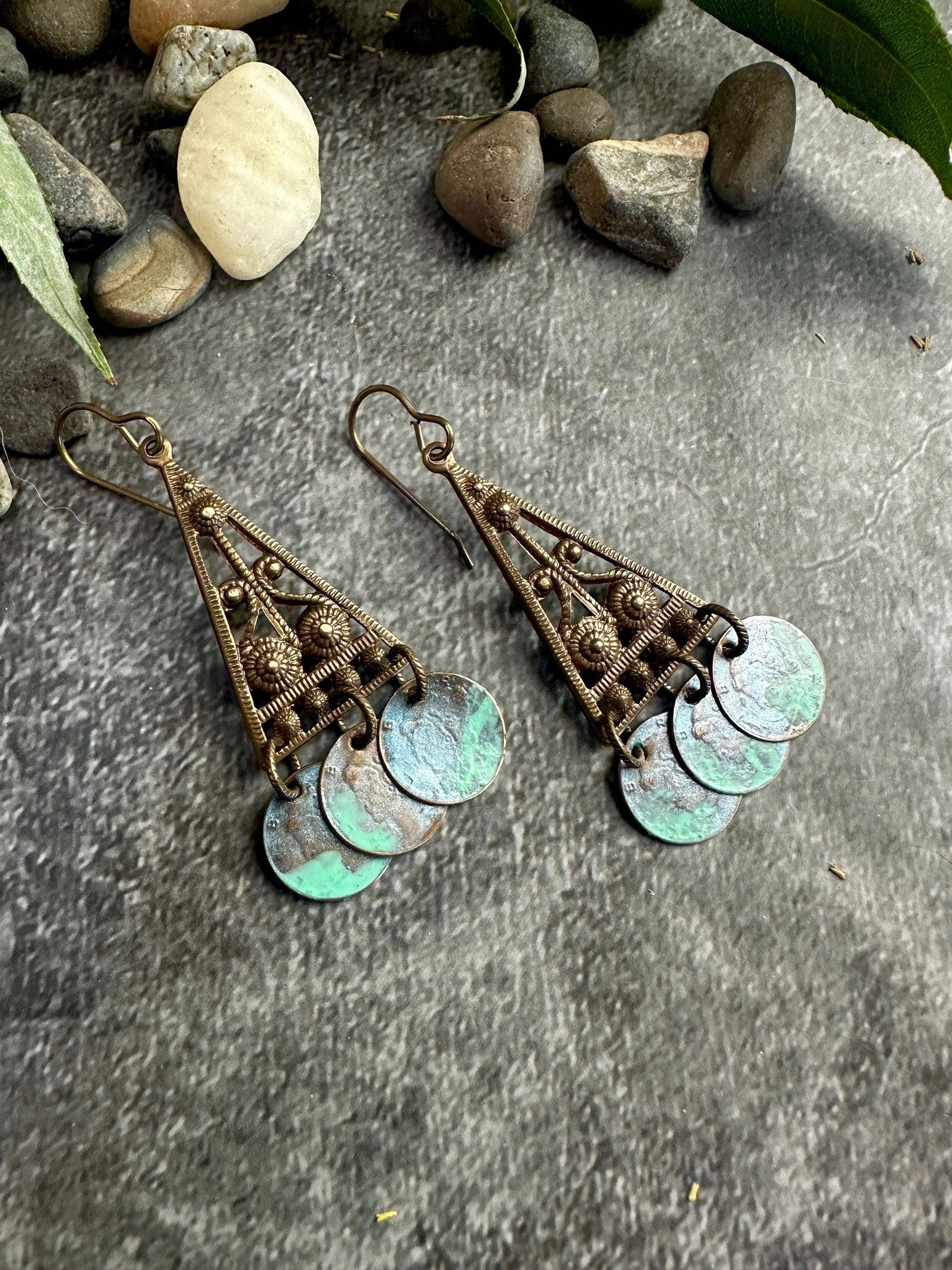 Sacred Triangle Coin Earrings - Patina Brass