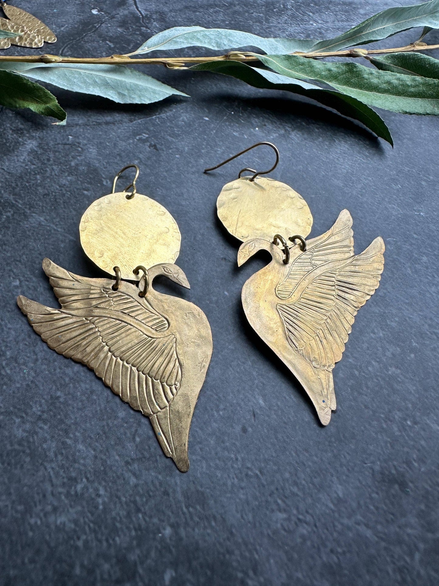 Sunset Swan Earrings- Handmade Beaten Solid Brass