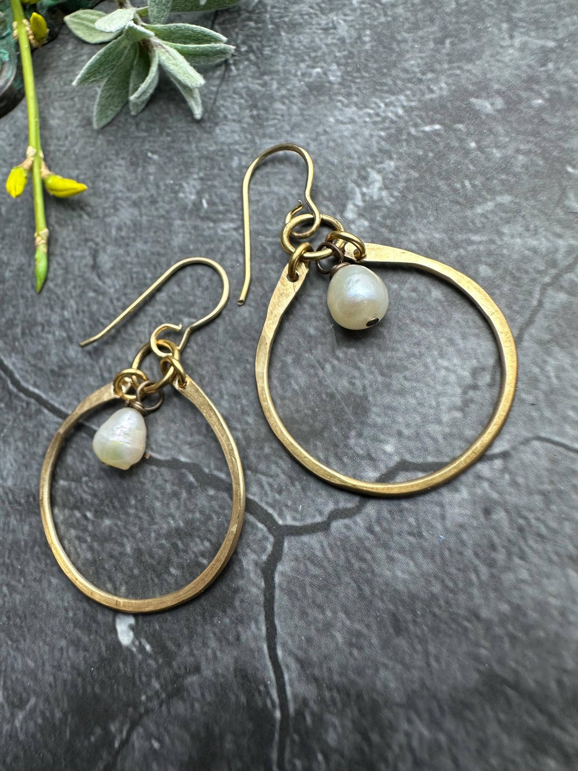 Freshwater Pearl Hoop Earrings - Brass Hoops