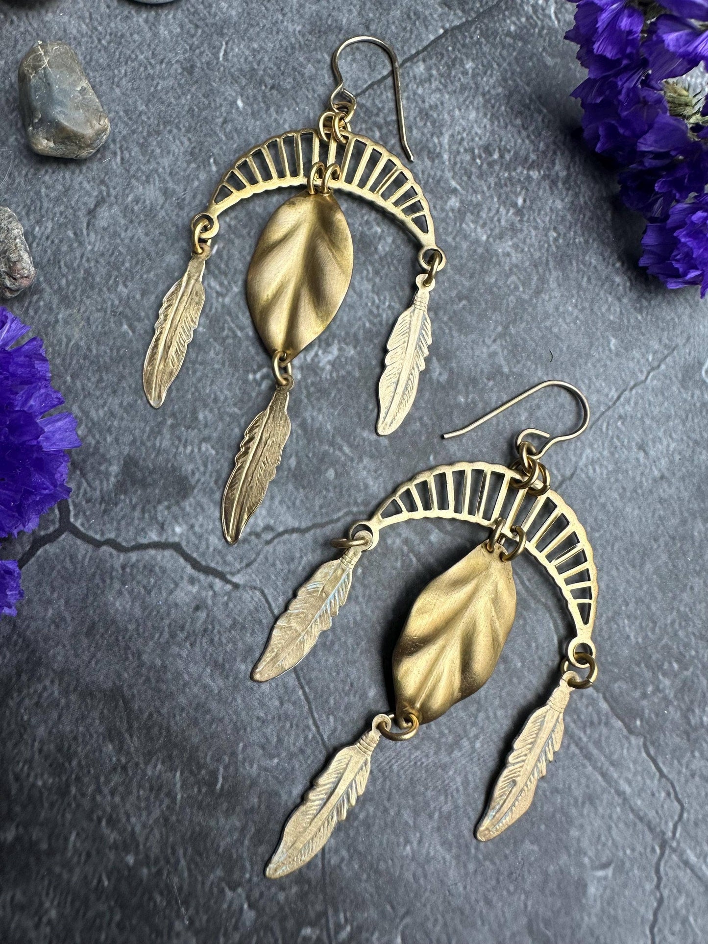 Arching Moon Feather Statement Earrings - Beaten Solid Brass