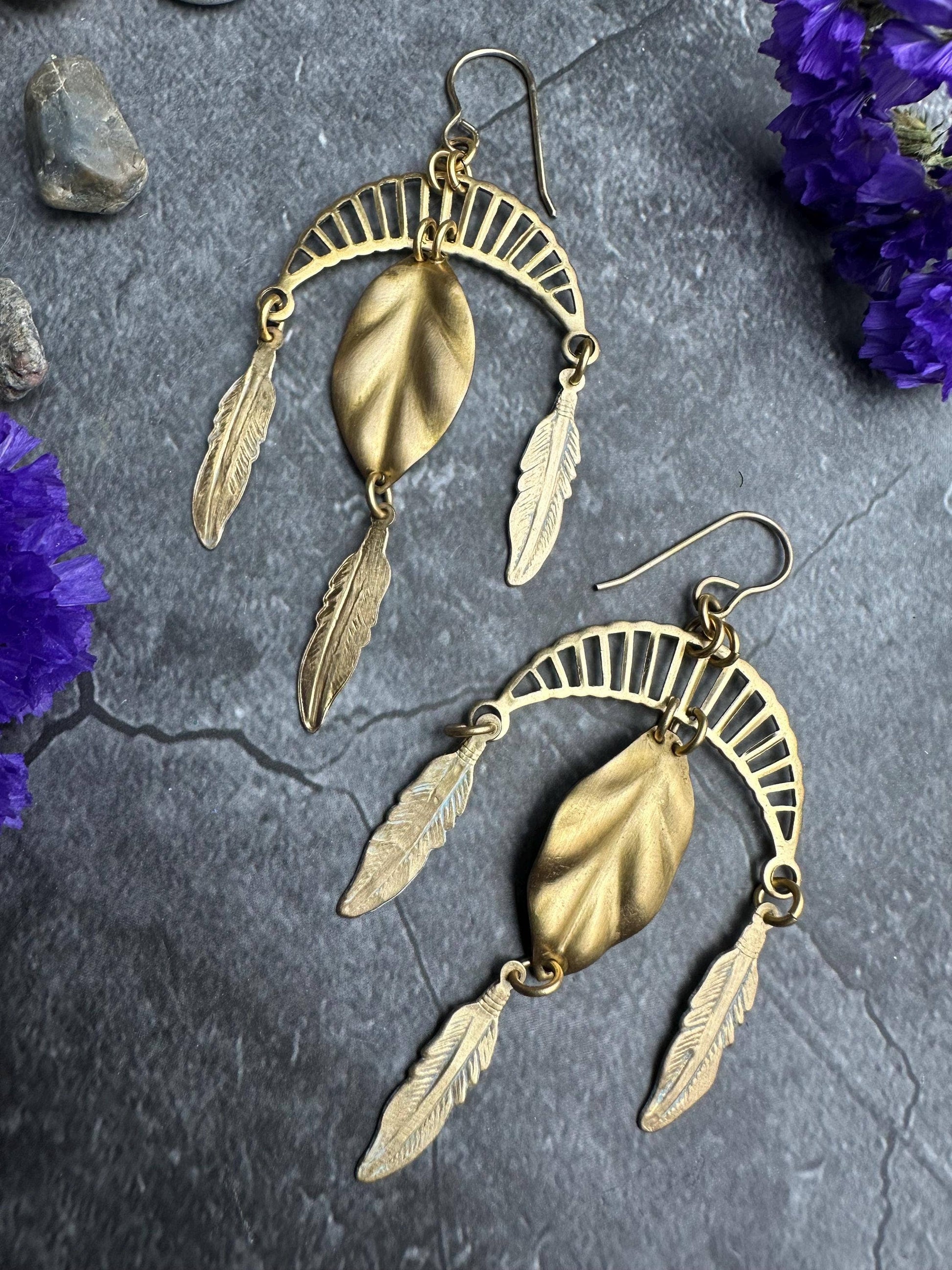Arching Moon Feather Statement Earrings - Beaten Solid Brass