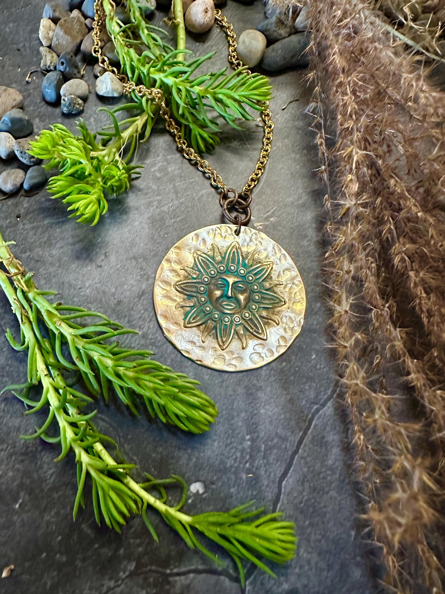 Sun Medallion Necklace - Handmade Solid Beaten Hammered Brass Green Hand Patina Finish