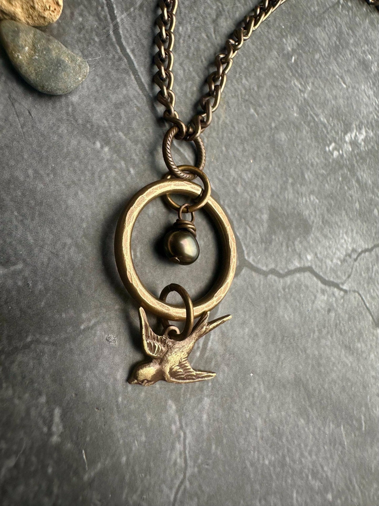 Enchanted Sparrow Pearl Necklace - Hammered Brass and Pearl