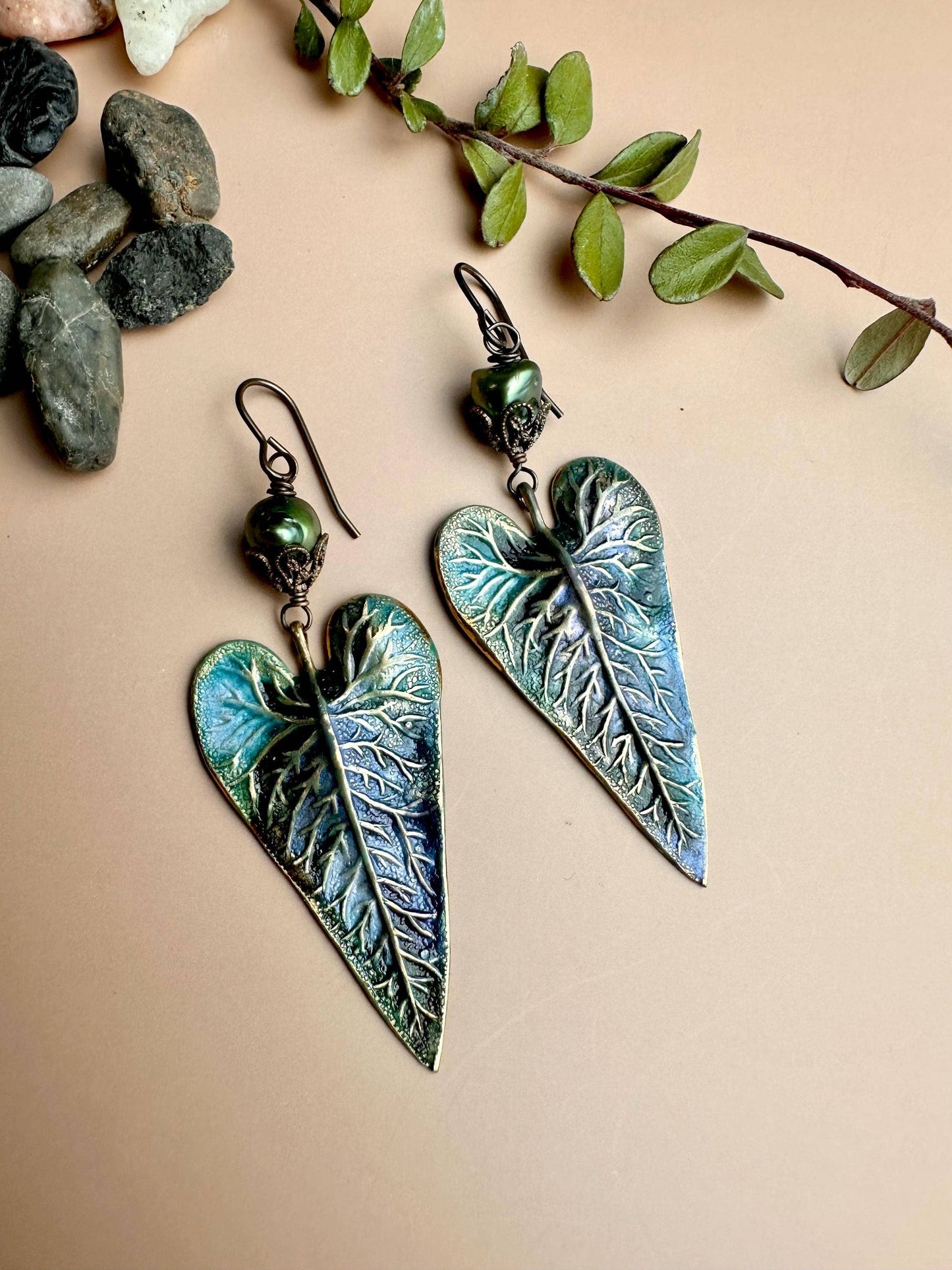 Patina Leaf Earrings with Freshwater Pearl