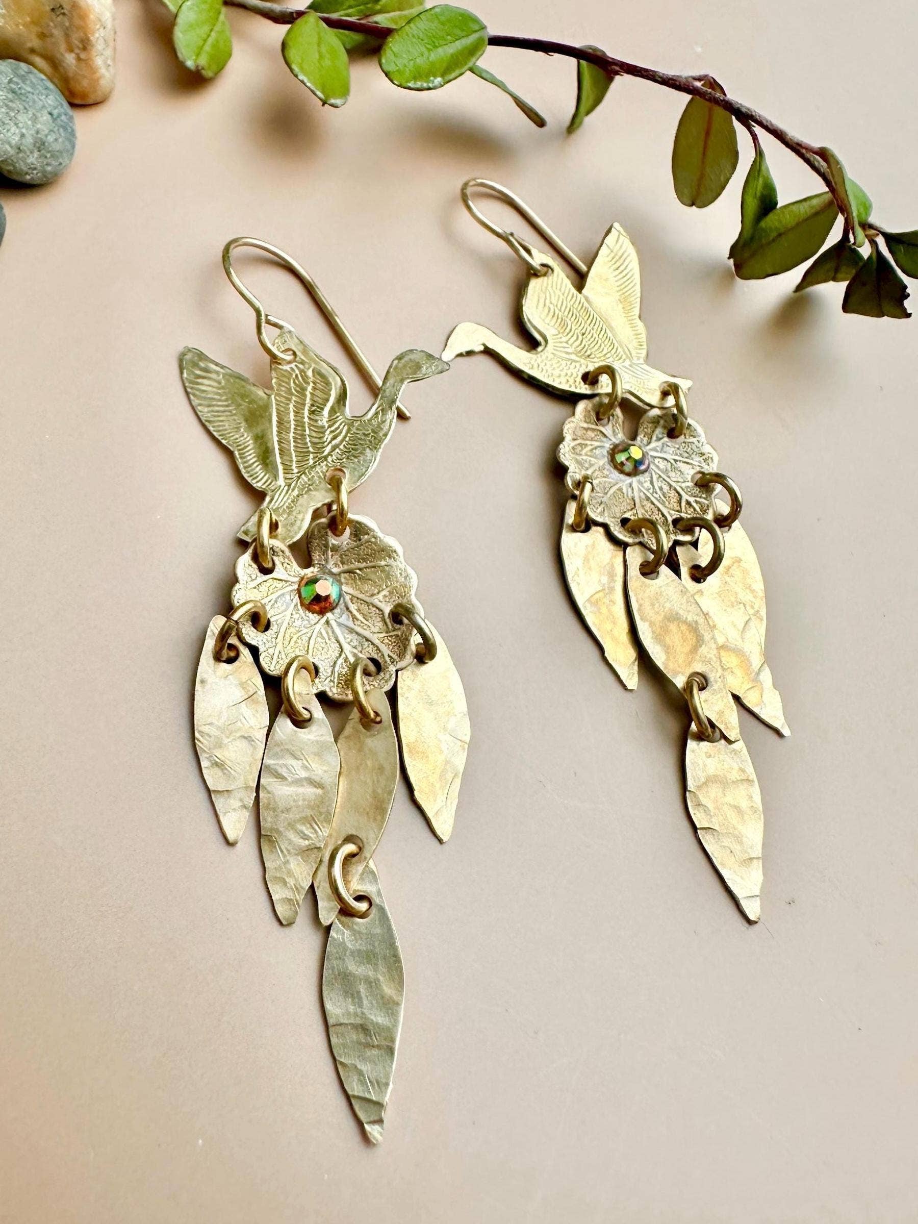 Willow Pond Bird Earrings - Leaf Dangle Brass