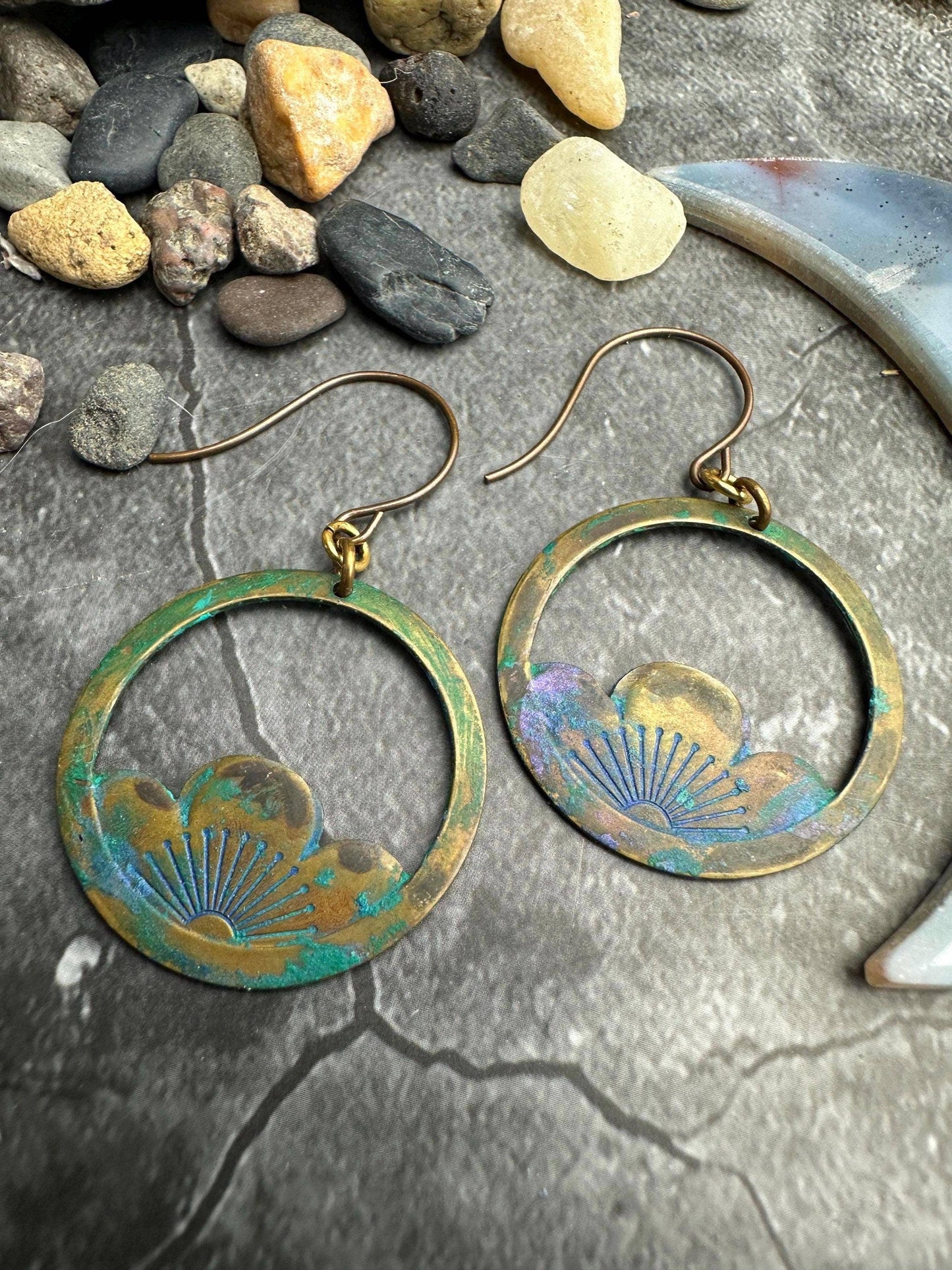 Flower Hoop Earrings- Handmade Solid Brass Hand Patina