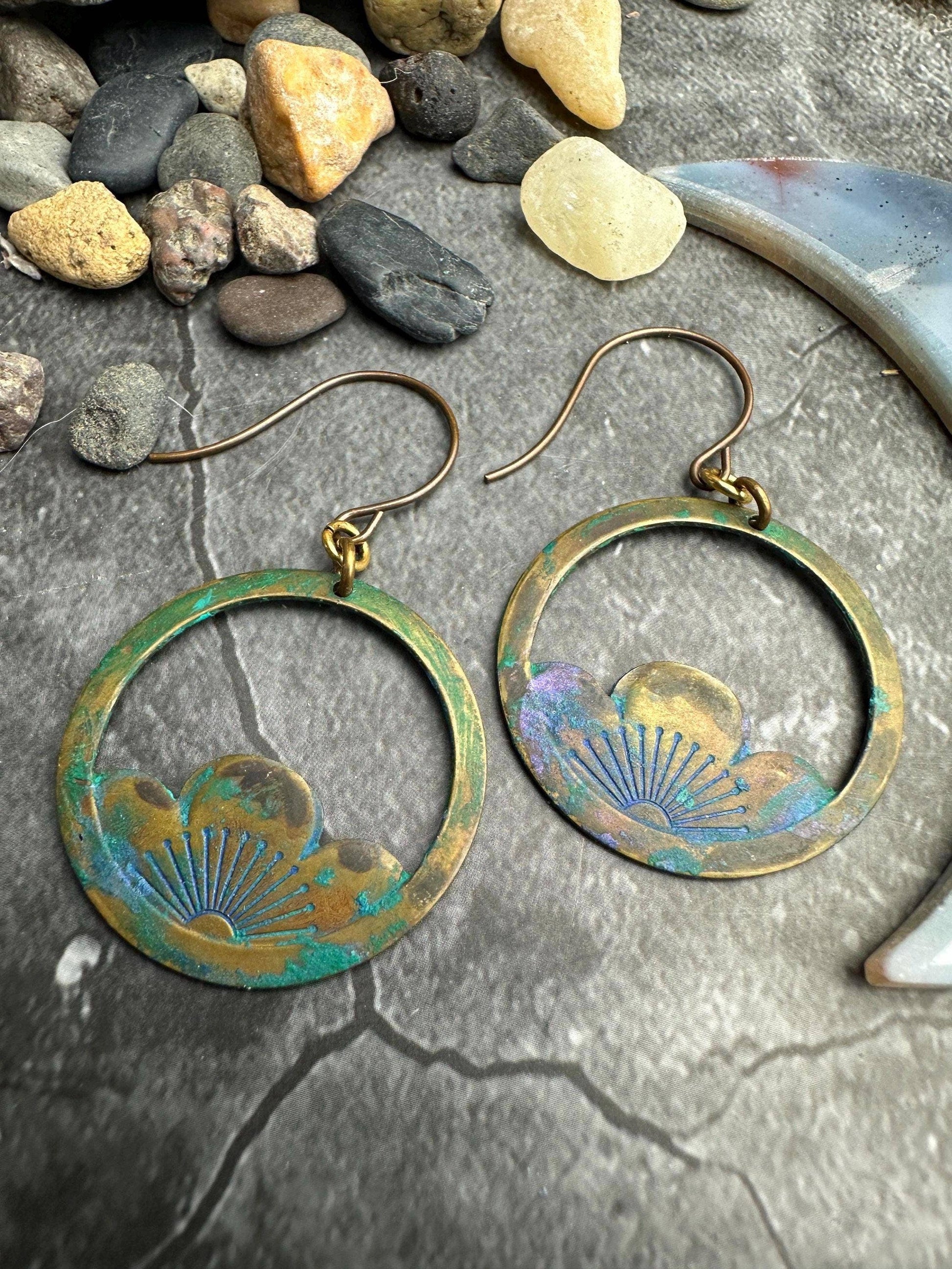 Flower Hoop Earrings- Handmade Solid Brass Hand Patina