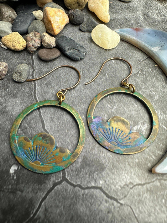 Flower Hoop Earrings- Handmade Solid Brass Hand Patina