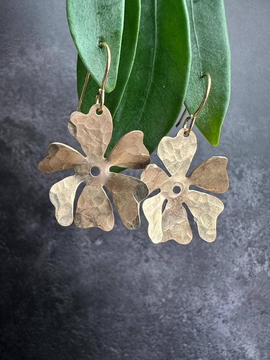 Flower Beaten Brass Earrings- Handmade Hammered Solid Brass