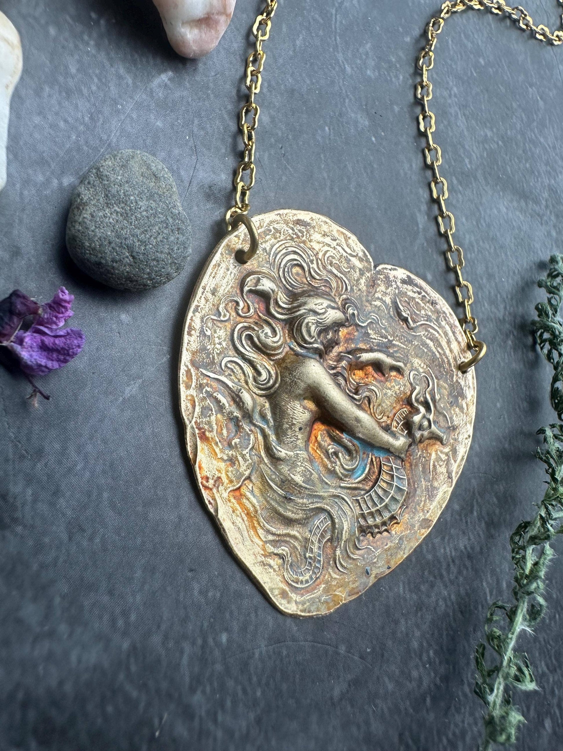 Art Nouveau Mermaid Necklace, Patina Brass Pendant, Ocean In