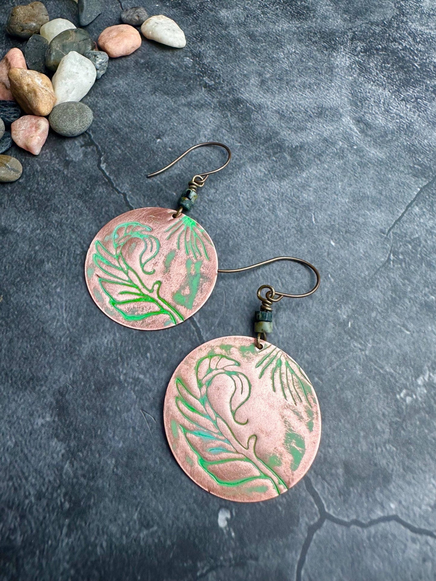 Copper Circle Feather Earrings with African Turquoise