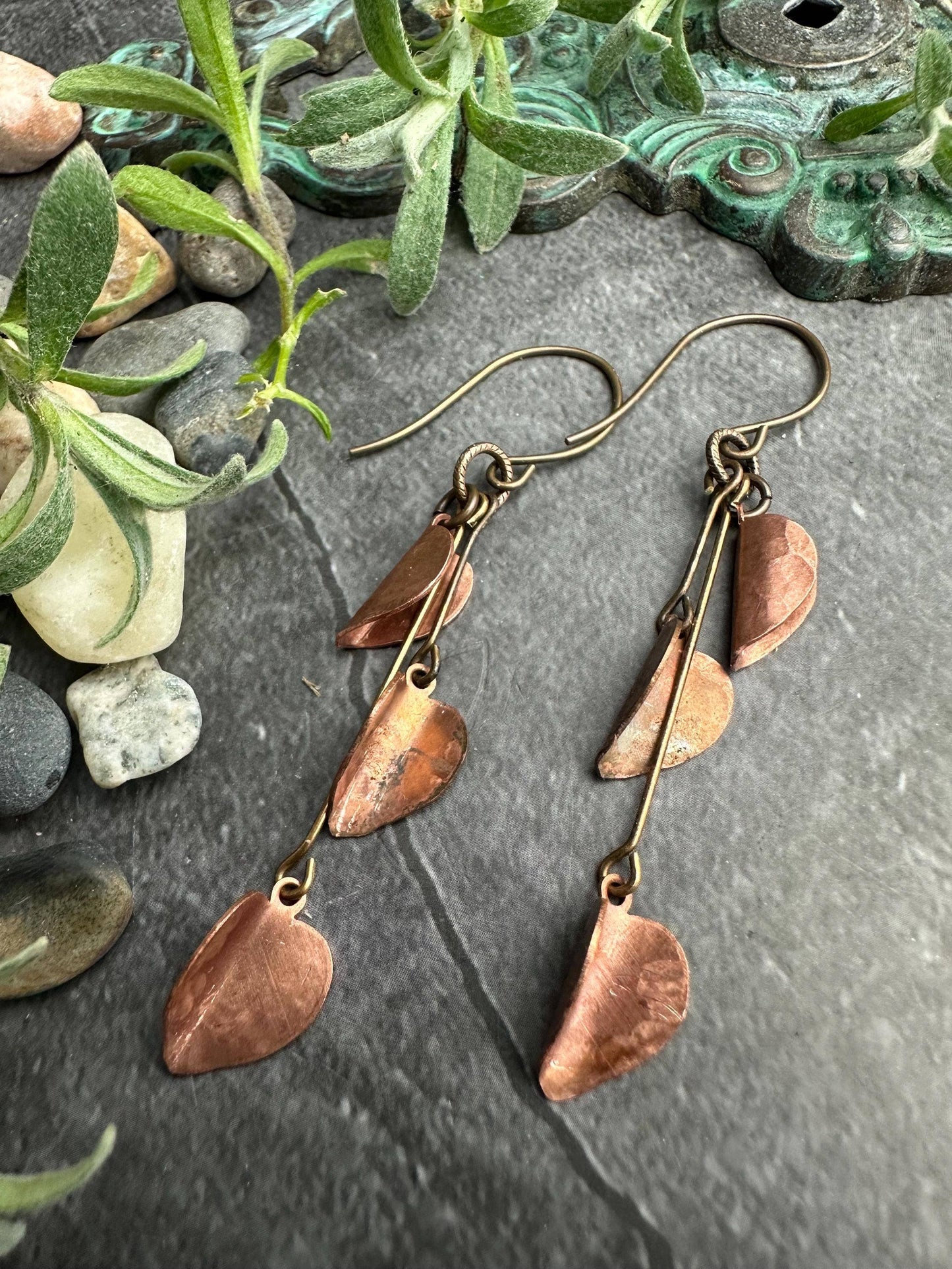 Copper Leaf Cascade Earrings - Rustic Copper Dangles