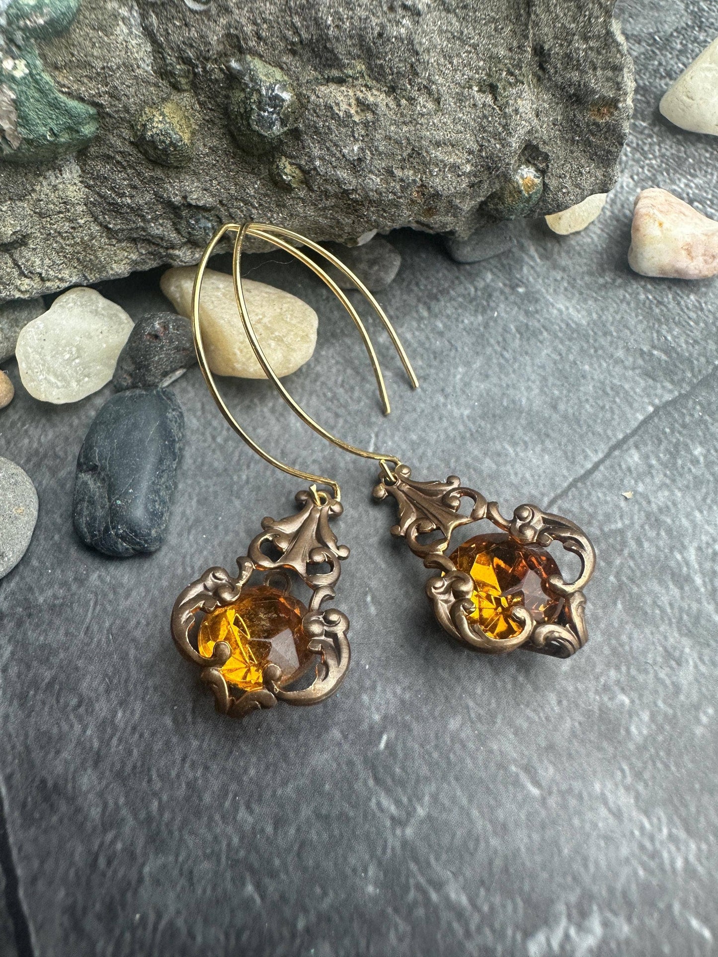 Filigree Jewel Earrings- Handmade Solid Brass Vintage Glass