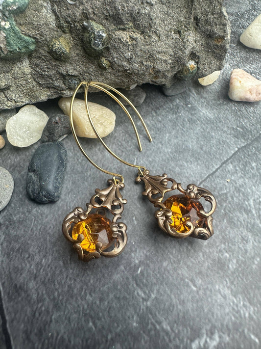 Filigree Jewel Earrings- Handmade Solid Brass Vintage Glass