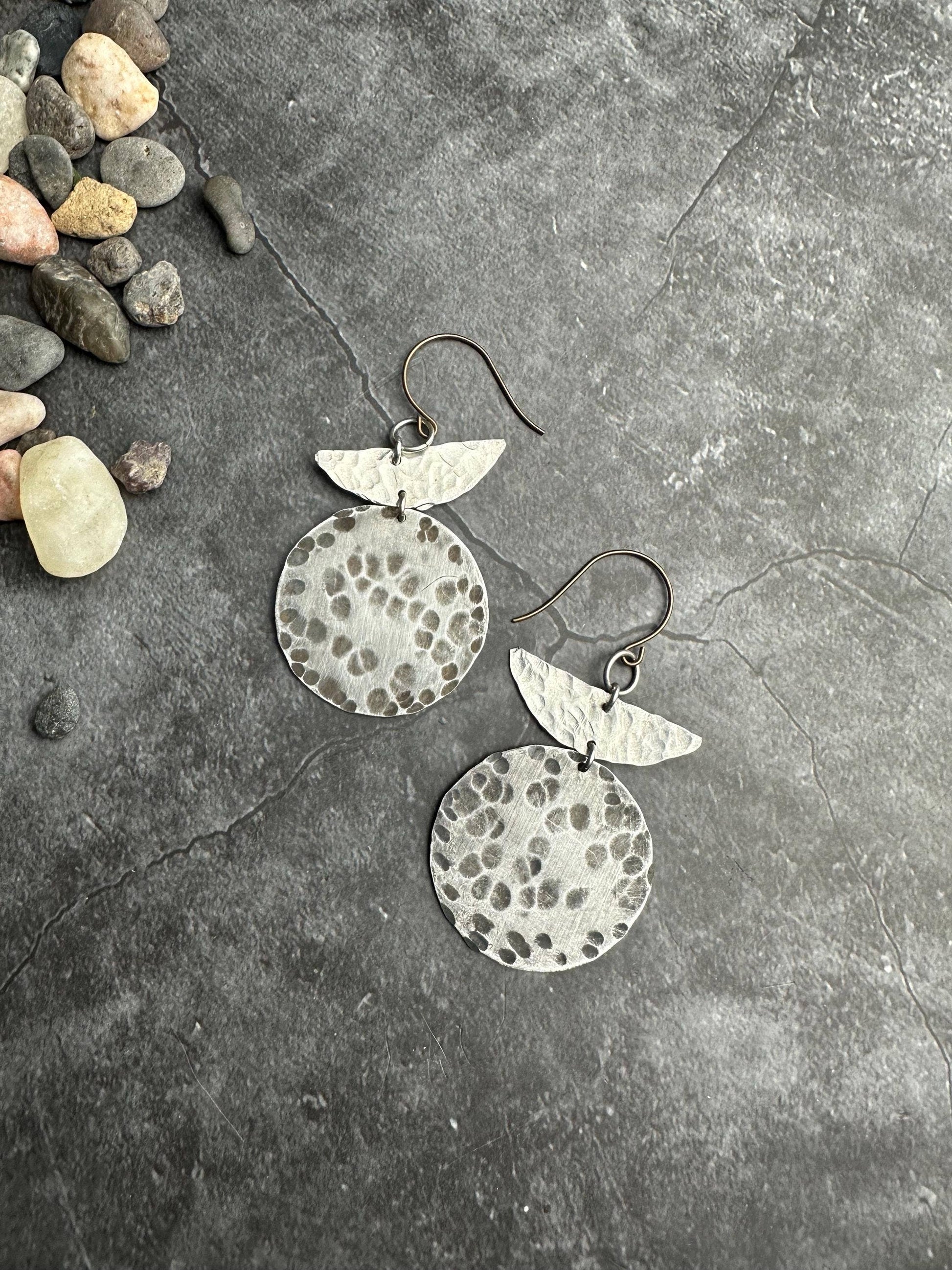Geometric Shape Earrings - Hammered Silver & Pewter ox