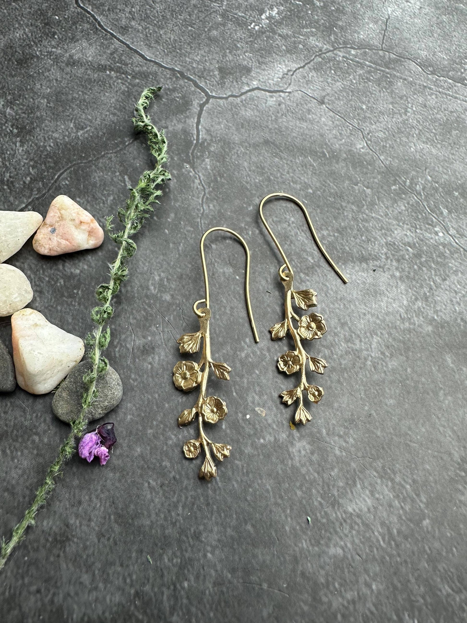 Wildflower Branch Earrings, Botanical Dangle, Brass , Nature