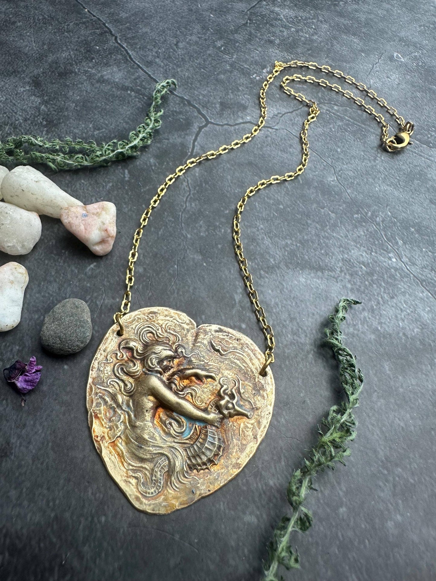 Art Nouveau Mermaid Necklace, Patina Brass Pendant, Ocean In